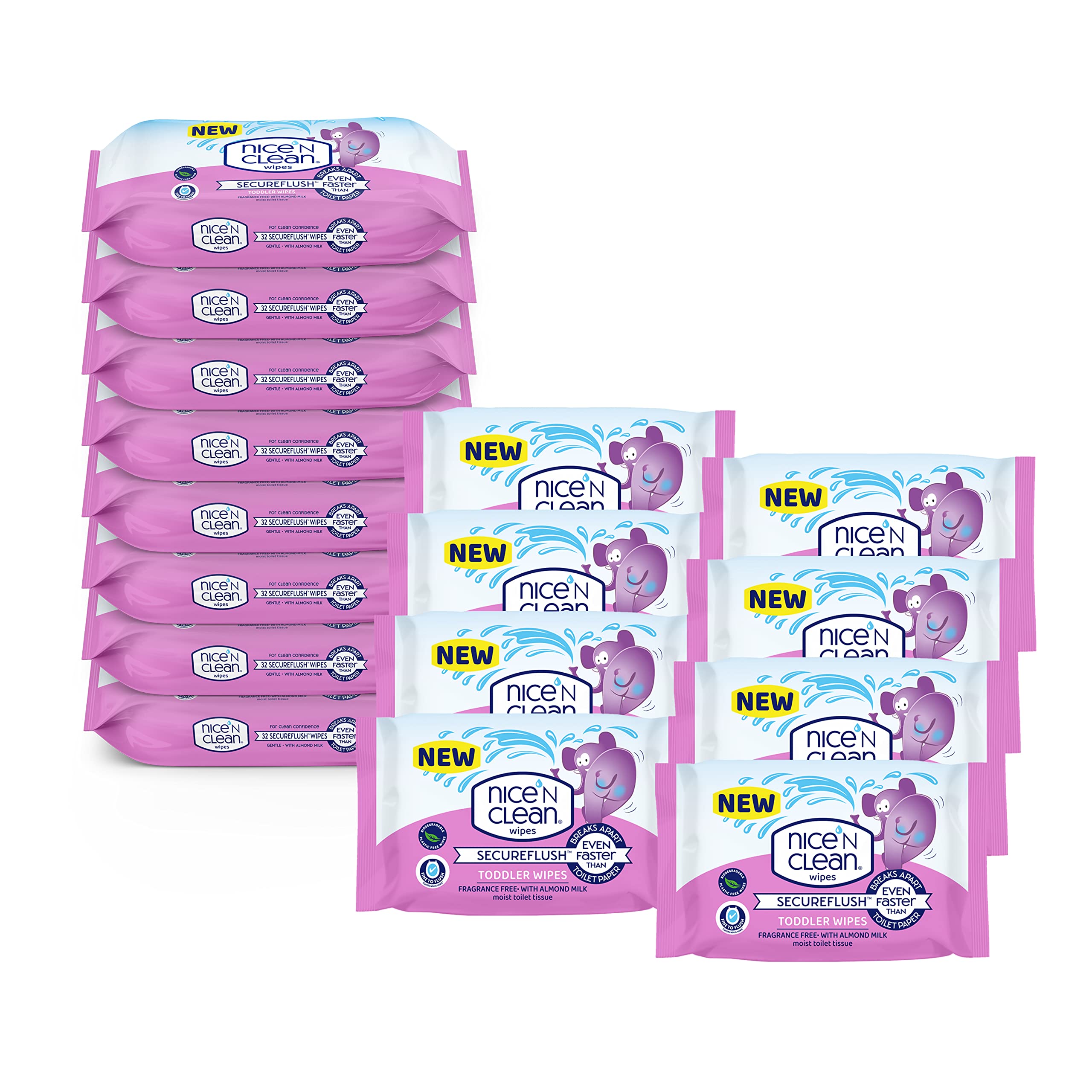 Nice 'N CleanSecureFlush Toddler Wipes with Almond Milk Multipack, Eco-Friendly, Fragrance Free, Plant Based, Biodegradable, Plastic Free Wipes, 512 X Wipes