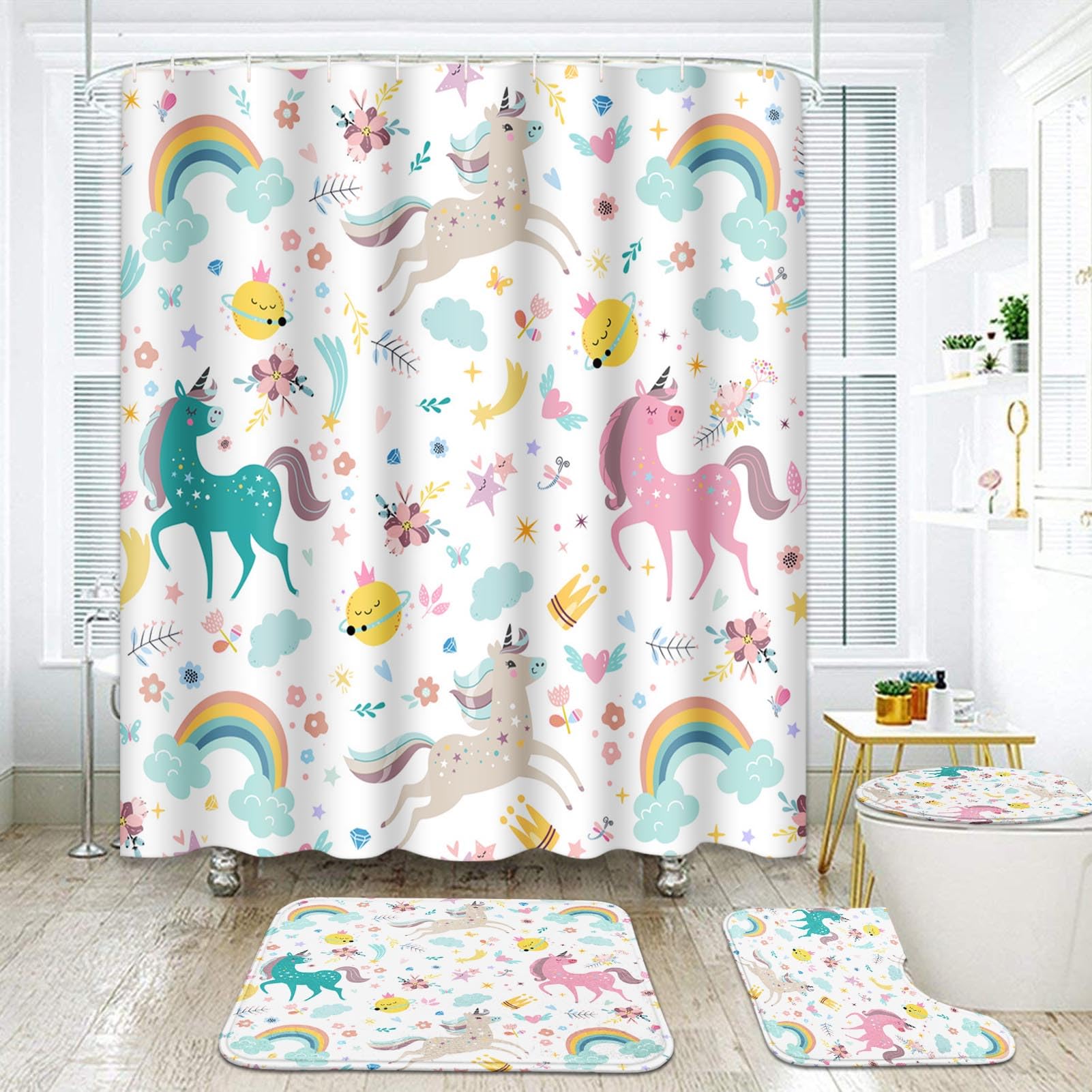ArtSocket Unicorns Rainbow Bathroom Set with Shower Curtain and Rugs Accessories Cute Cloud Fun Girl Shower Curtain Set Kids Abstract Colorful Striped Creative Vintage Bathroom Decor 4 Pcs