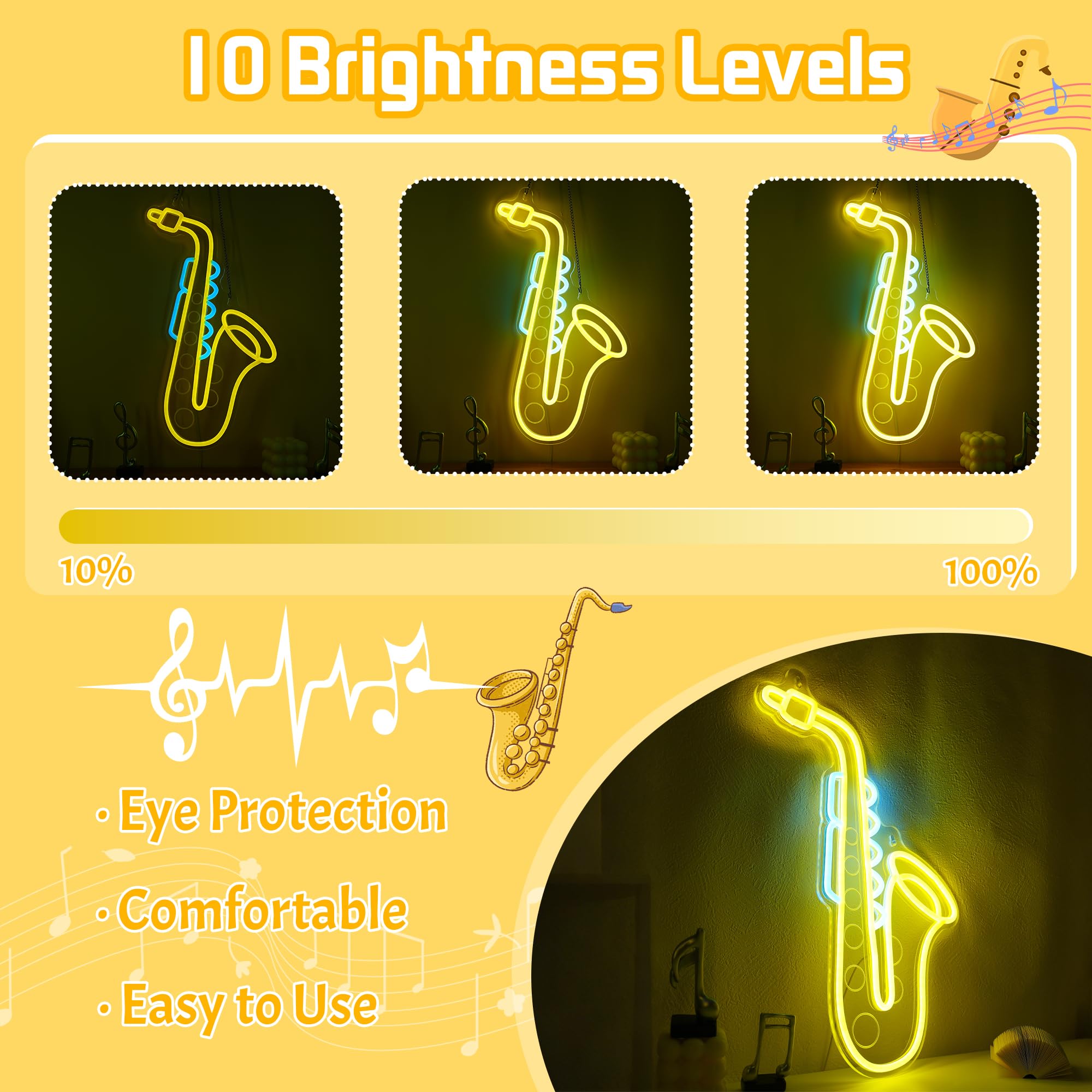 CoolGift Mart Saxophone Neon Sign, Dimmable LED Saxophone Room Decor Light With USB Powered, Decorations for Bedroom Living Room Club Music Studio, Gifts for Saxophone Enthusiasts Music Lovers