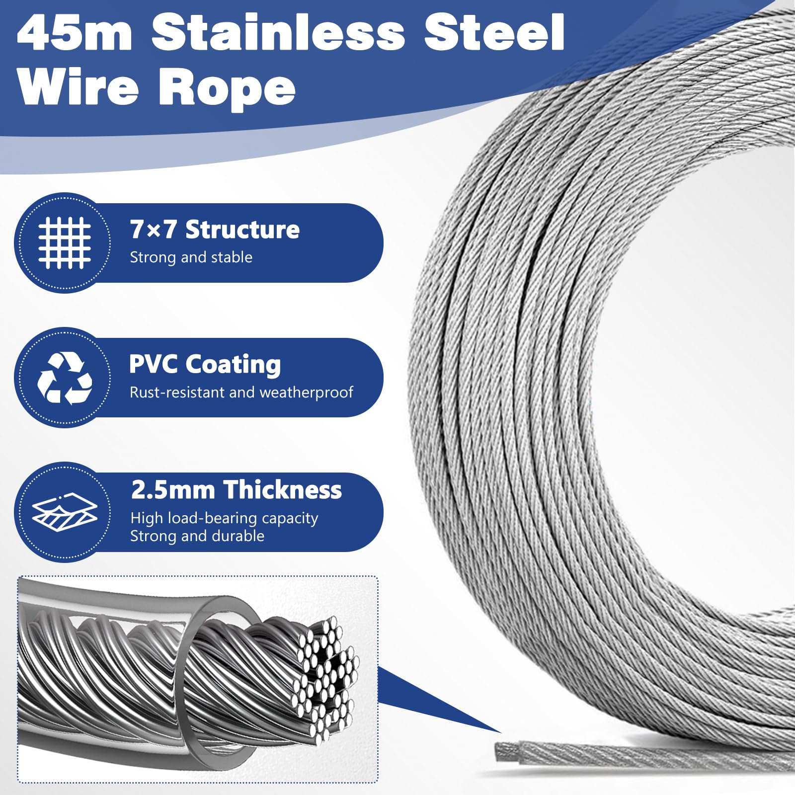 Cable de Acero Inoxidable recubierto de PVC 2,5mm 45M con Tensor Ojales