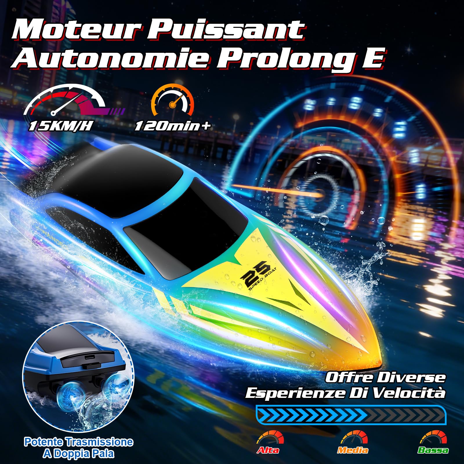 FORMIZON Barca Telecomandata, 2,4 GHz Motoscafo Radiocomandato con 7 Modalità luce a LED, 15 km/h Barca RC per Piscine e Laghi, Barche da Corsa Speedboot Giocattolo per Bambini e Adulti (Blu)