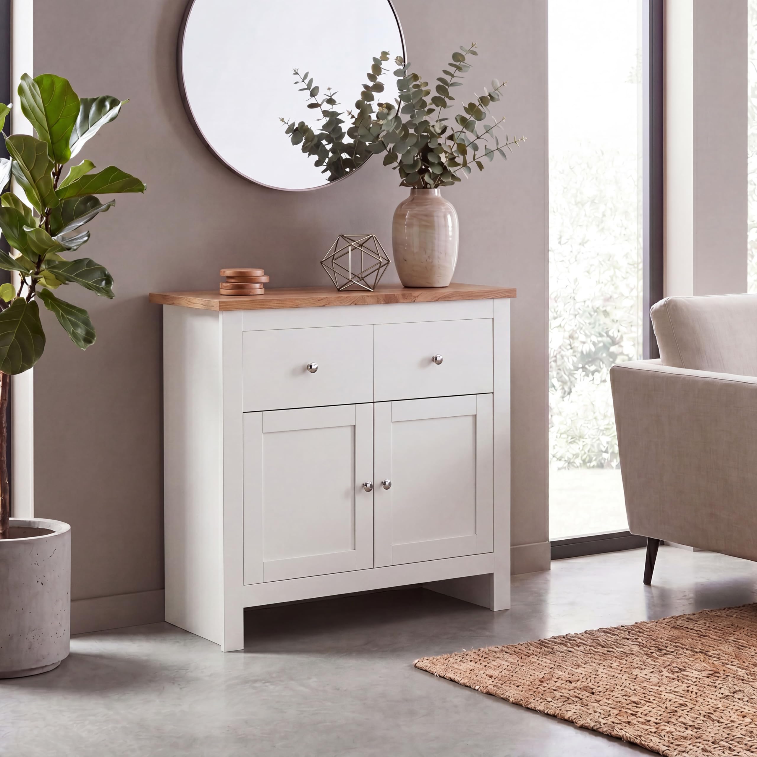 Marca Amazon - Vida Designs Aparador Arlington con 2 cajones y 2 Puertas, Madera de ingeniería, Blanco y Roble, H 80 x W 79 x D 35 Cm