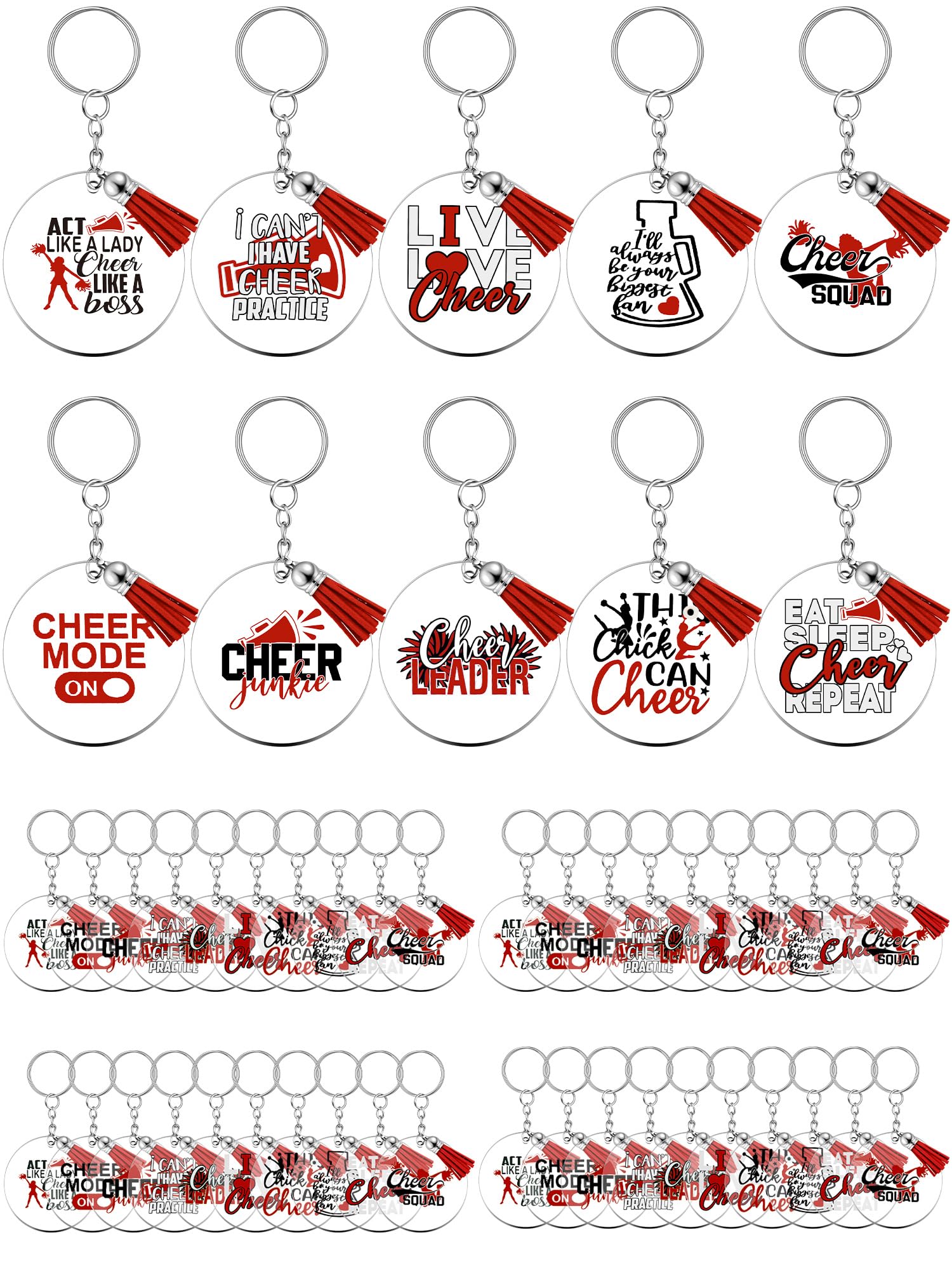 Junkin 50 Pcs Cheerleading Keychain Bulk Cheer Clear Acrylic Tassels Keychains for Cheerleaders Students Gifts Women Girls (Red)