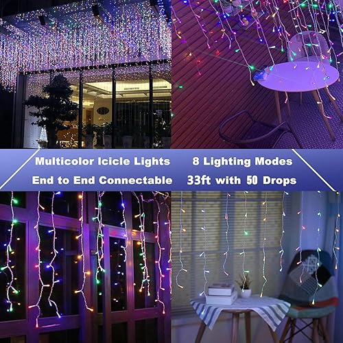 Miniatura 5 de Joomer Luces de carámbano de Navidad, tira de luces enchufables de 32 pies, impermeable, 8 modos de temporizador, conectables, tira de luces al aire