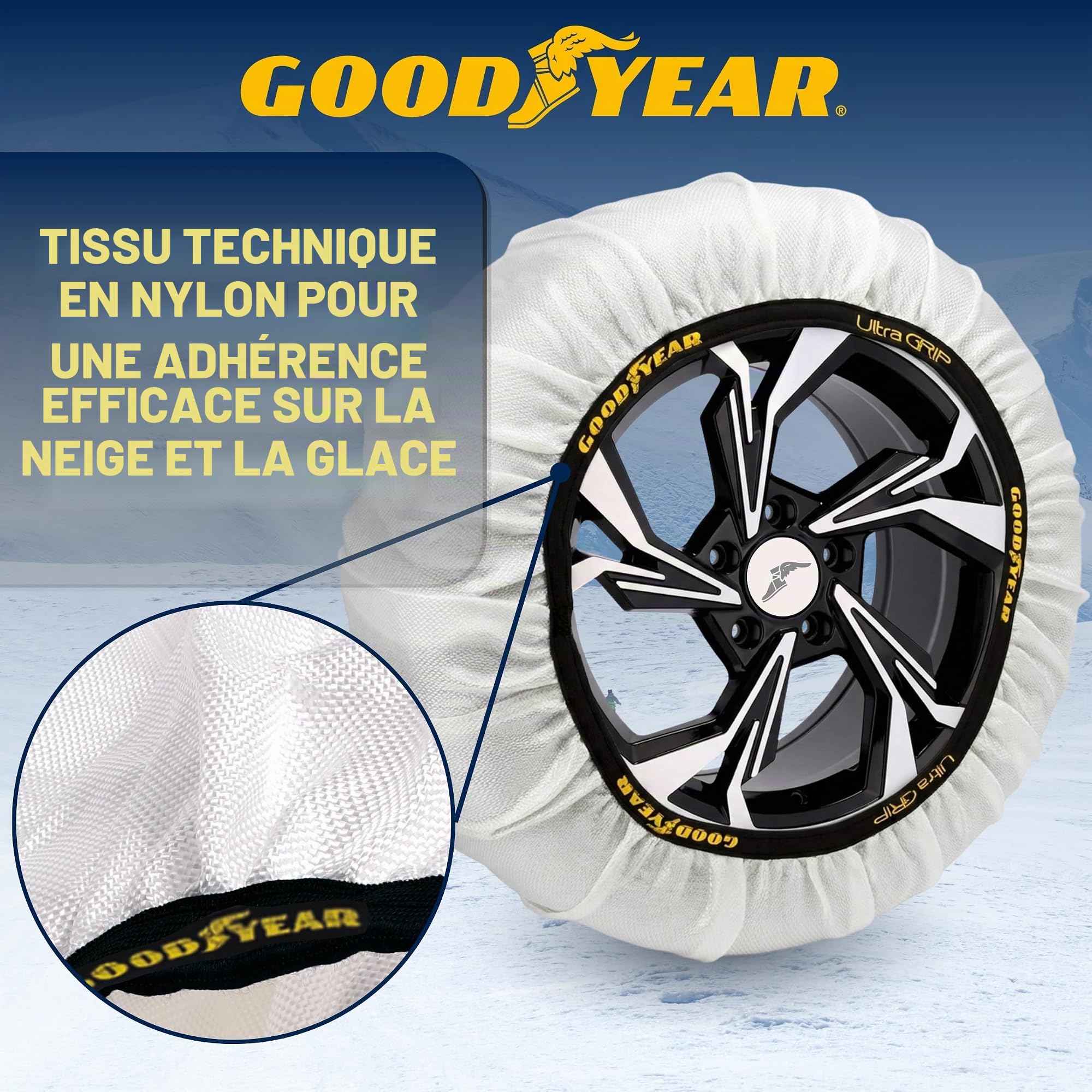 Goodyear Lot de 2 chaînes à neige en tissu pour voiture, ultra adhérence, taille XL, spécifique pour le fonctionnement du véhicule, textile, blanc