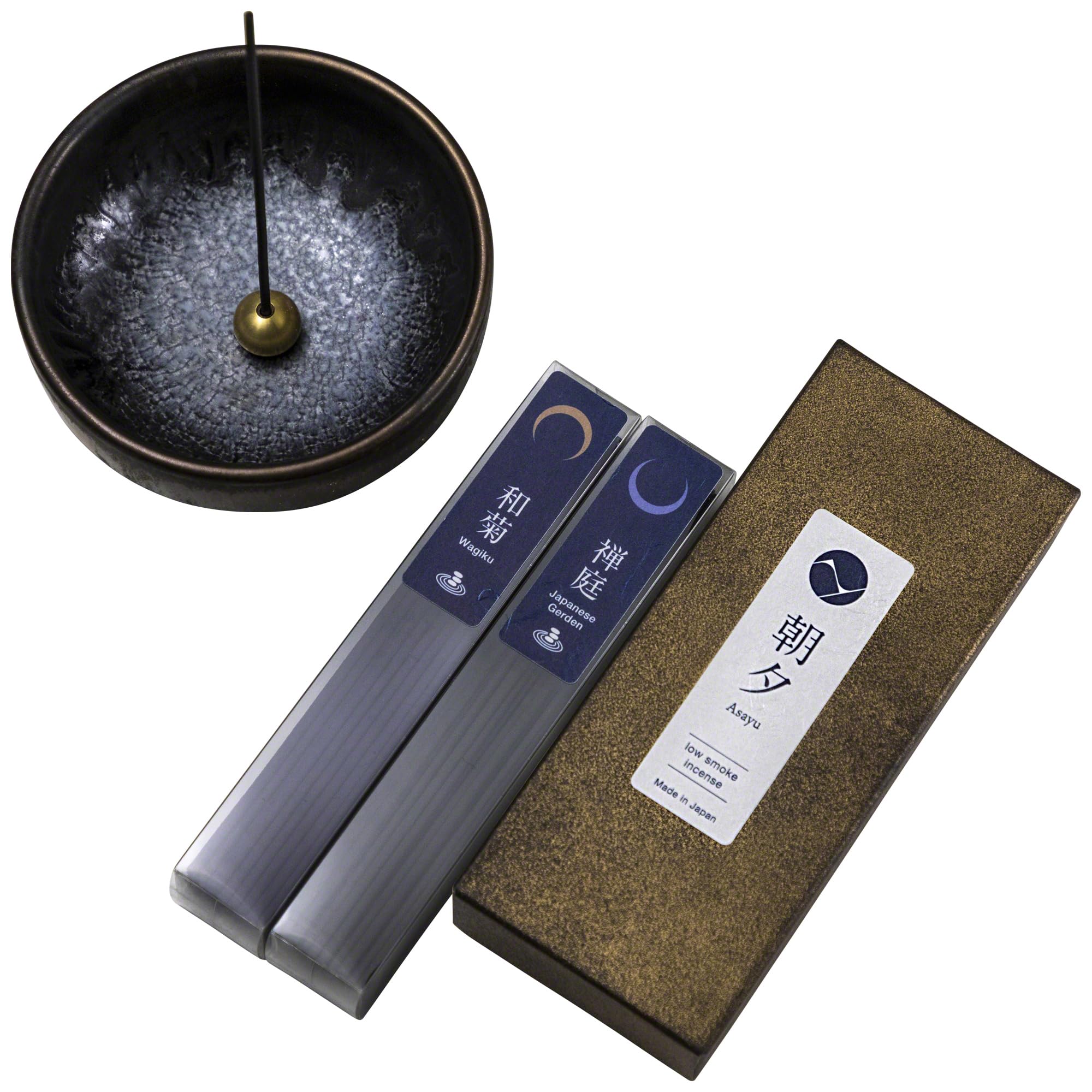 Asayu Japan Set Regalo Bastoncini a Basso Fumo e Portaincenso in Ceramica con Supporto in Ottone - Bastoncini di Incenso (Giardino Zen + Crisantemo Wagiku) + Portaincenso Tradizionale Zen Gift Set