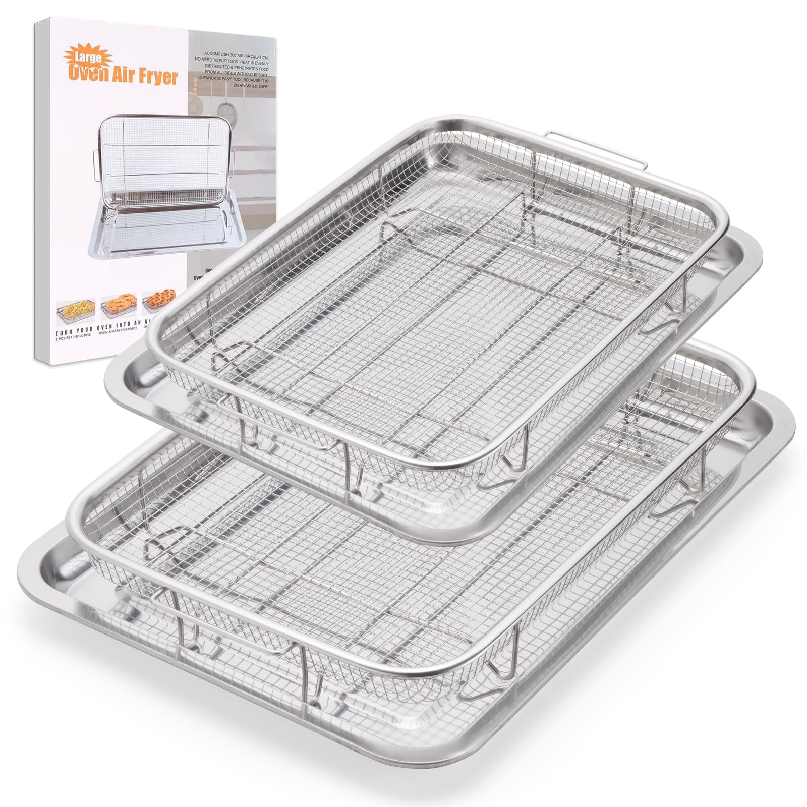 2 Pack Air Fryer Basket for Oven, Large Air Fryer Basket and Tray Stainless Steel Oven Air Fryer Pan Rack for Cooking Baking and Broiling, 18.7"x12.8"15.7"x11.8"