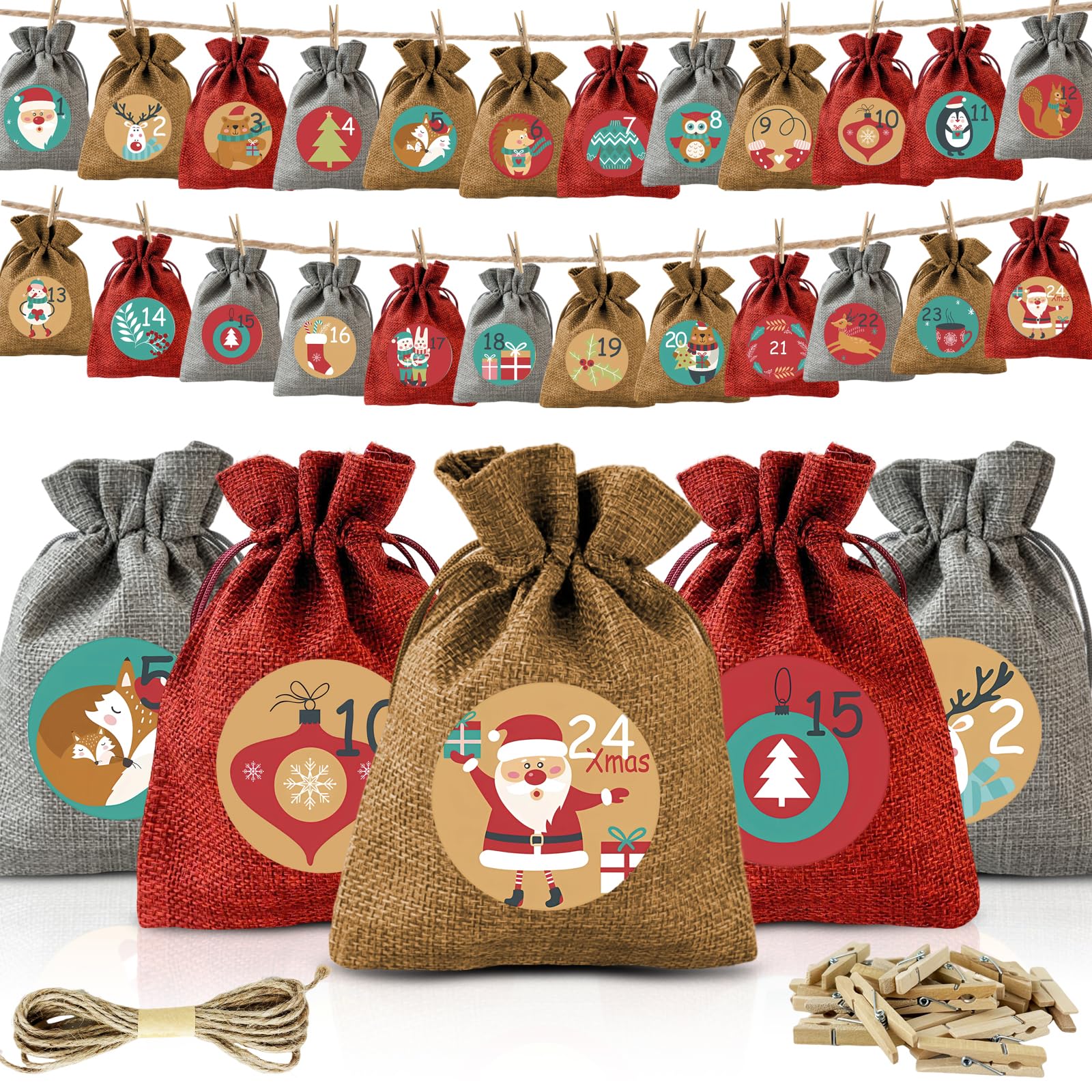 Calendario de Adviento 2025 de Yute para Rellenar con Saquitos 18x13cm