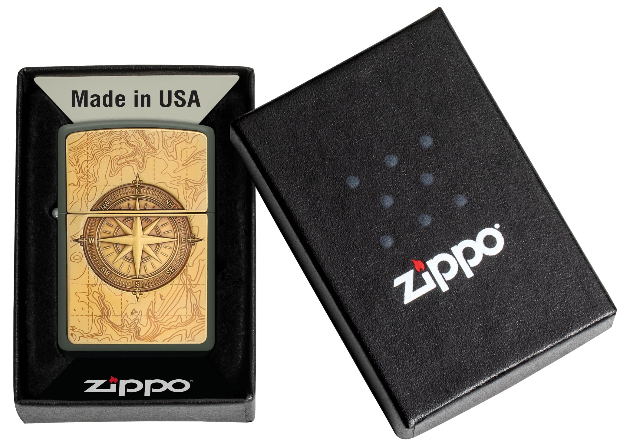Zippo Sturmfeuerzeug - Topographic Compass, Green Matte, Emblem - Nachfüllbar - Wiederverwendbar - Windfestes Design - Geschenkbox - Made in USA