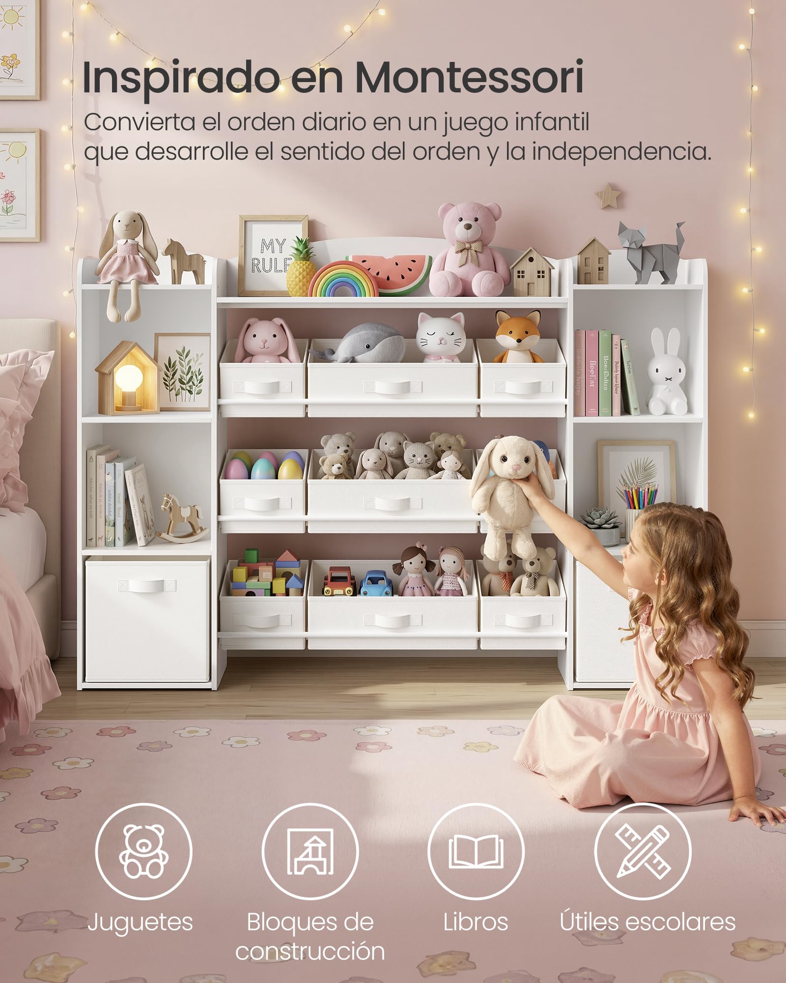 SONGMICS Estantería para Juguetes Infantiles, Estilo Montessori, 4 Compartimentos Abiertos, 9 Cestas, 2 Cajones, para Habitación Infantil, 30 x 143,8 x 104 cm, Blanco Nube GKR062WB01