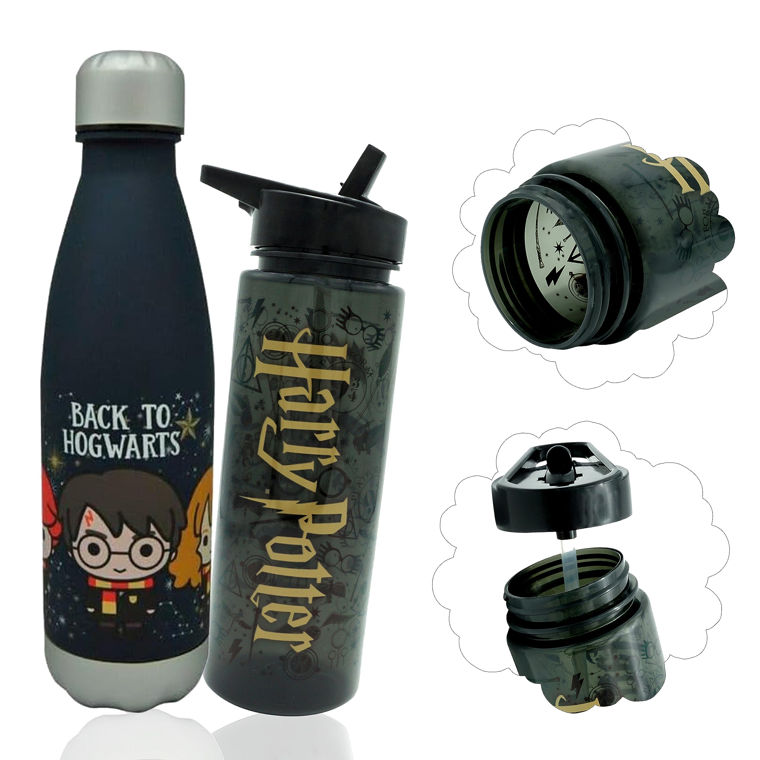 HOVUK 2Pcs Black Harry Potter Water Bottles Boys| 740ml Sports Bottle with Straw| 650ml Plastic Water Bottle for Kids| Kids School Gifts 3+Years โ image 1