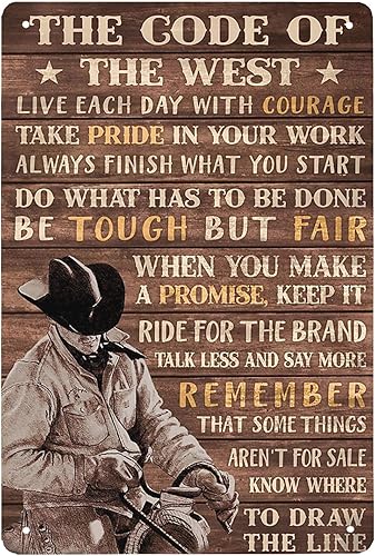 Pzecaru Letrero de metal vintage The Code Of The West Cowboy con sombrero negro, decoración de pared vintage para el hogar, garaje, bar, cafetería,