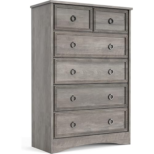 LGHM Modern Dressers for Bedroom with 6 Drawers, 6 Drawer Dresser, 44.33" Tall Chest of Drawers Closet Organizers & Storage Clothes - Easy Pull Handle, Textured Borders for Living Room, Hallway, Gray