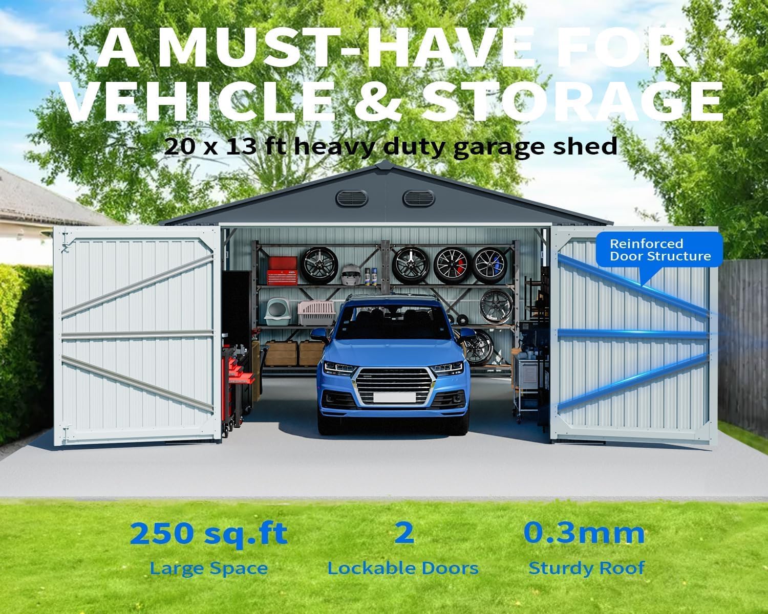 20x13 Metal Shed, Metal Garage Building with 2 Lockable Doors, Prefab Garage Shed with 4 Air Vents, Large Sheds & Outdoor Storage Clearance, Car Sheds for Truck, Tool, Lawnmower, Dark Gray