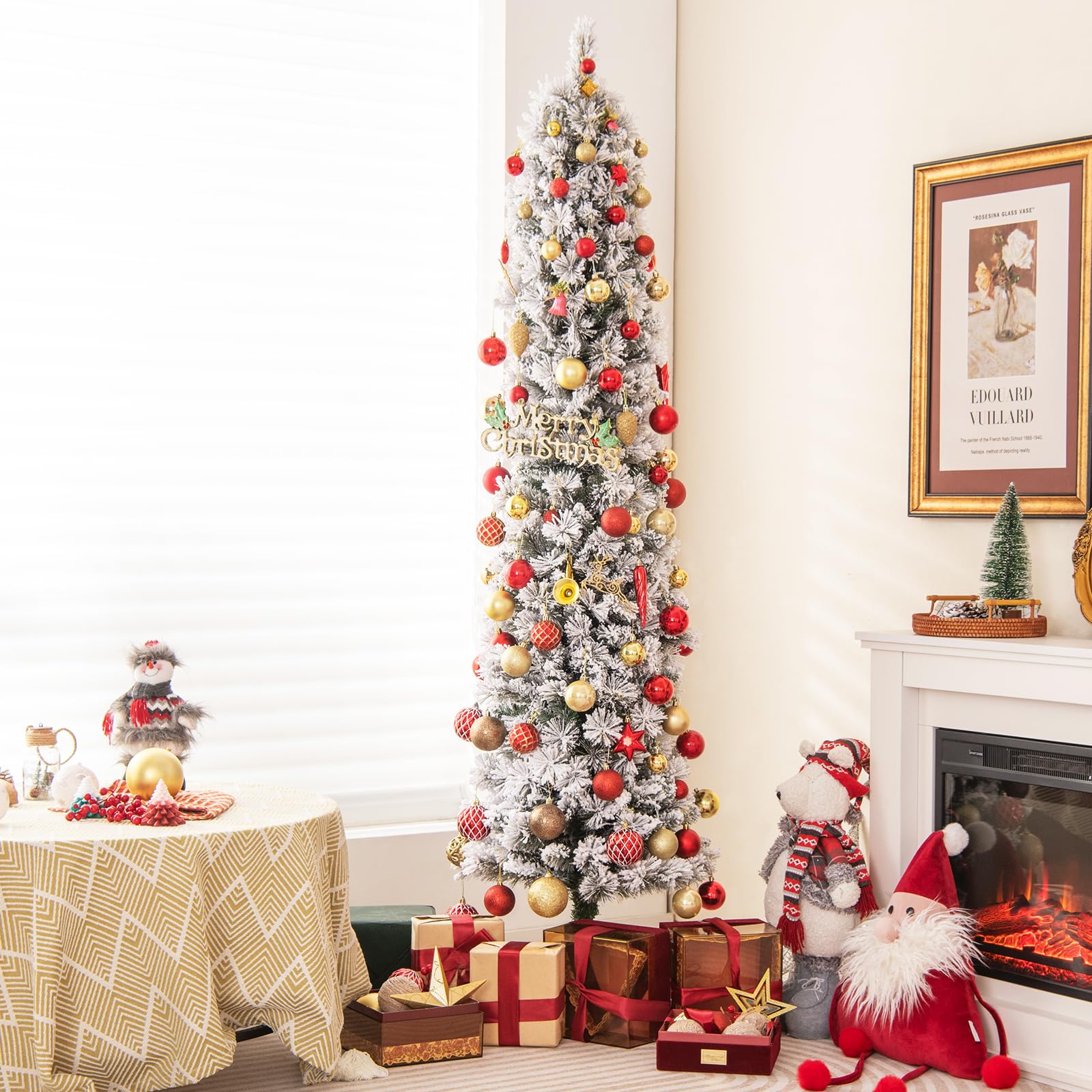 COSTWAY Sapin de Noël Artificiel 180 cm Lumineux LED, en Forme de Crayon, Floqué de Neige, 150 Lumières Blanches Chaudes, 373 Pointes de Branches, Aiguilles de Pin, pour Maison, Bureau