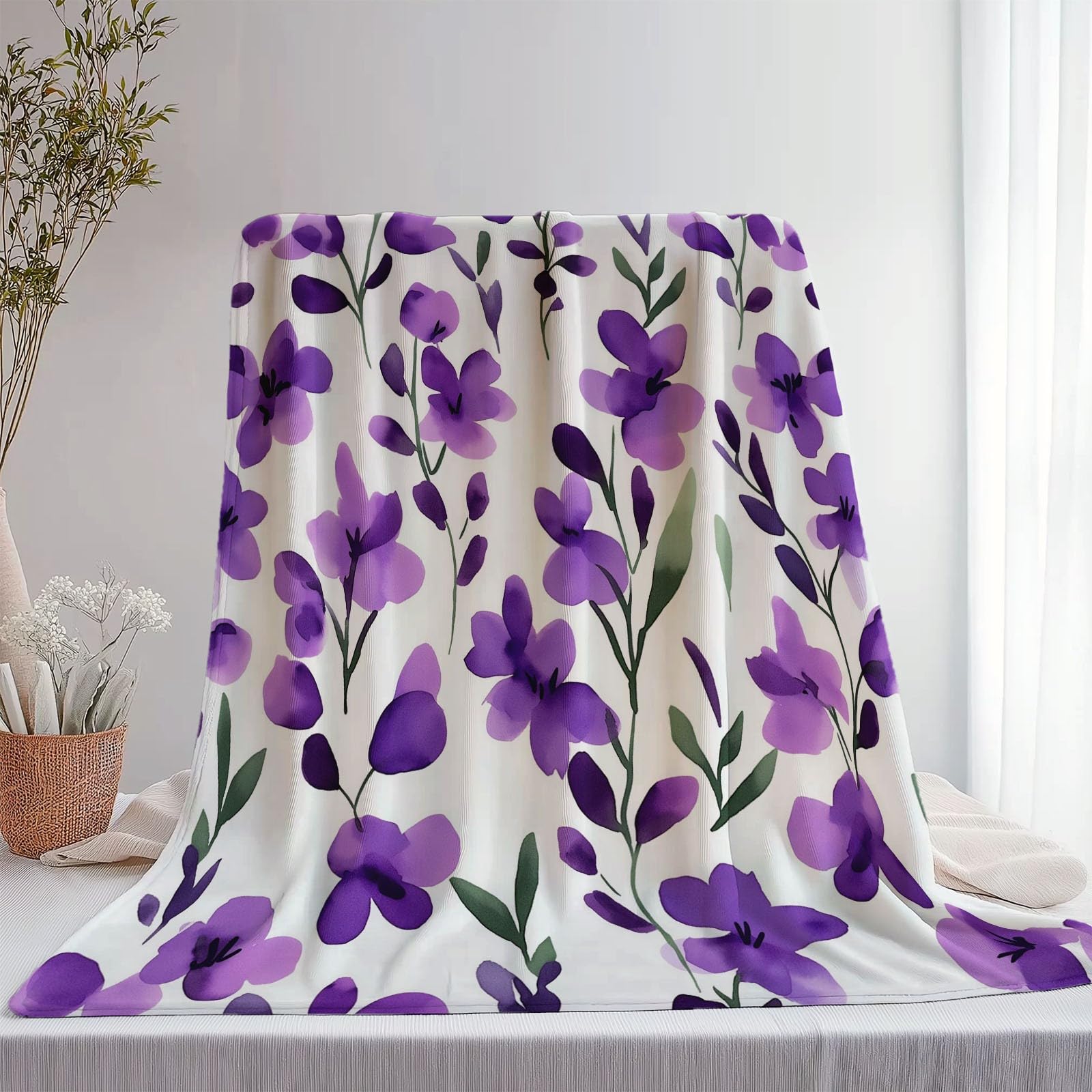 Manta con Estampado Versátil Acuarela Lavanda Flores Manta De Forro Polar De Franela Suave para Silla, Oficina, Habitación, Manta De Sherpa 220 x 240 cm para Adultos Y Niños Púrpura Blanco