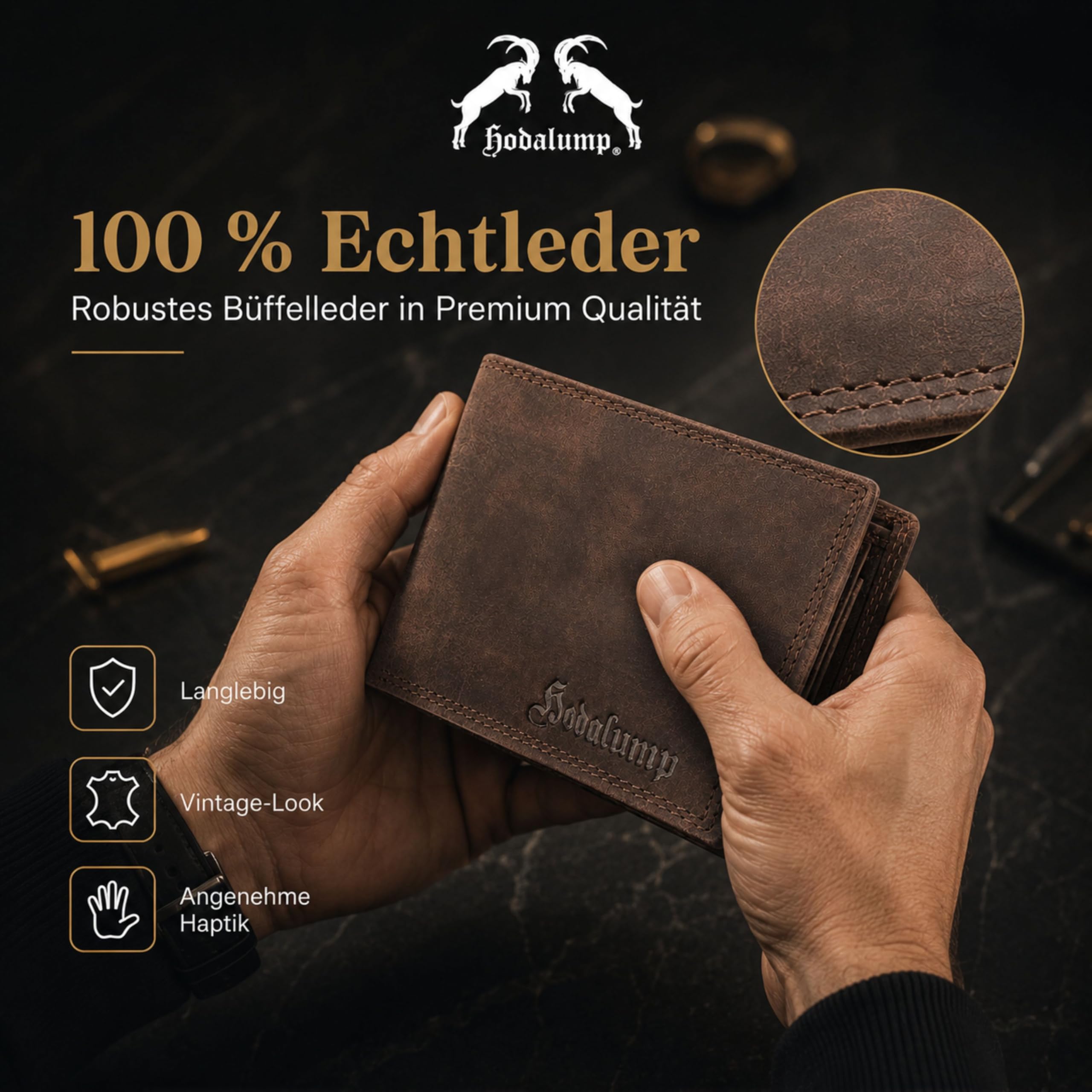 hodalump - Premium Echt-Leder Geldbörse mit RFID-Schutz & Münzfach - Geldbeutel für Damen & Herren - Portmonee aus Büffelleder - Klassische Männer Brieftasche - Ledergeldbörse aus Echtleder in Braun