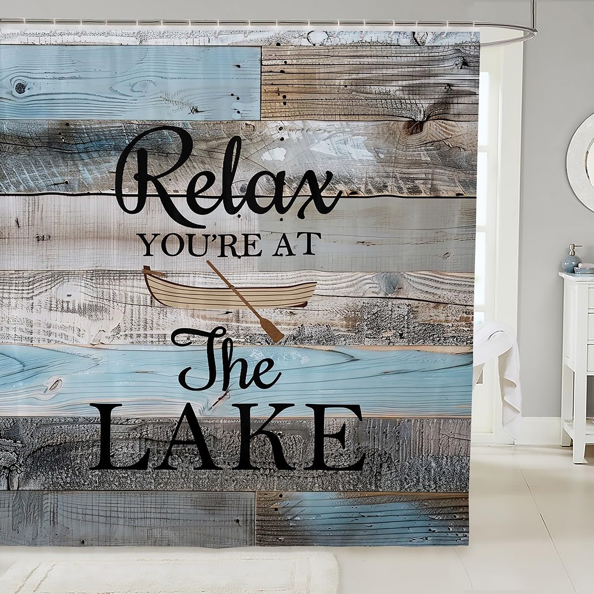 Lake Bathroom Accessories Cabin Decor, Vintage Country Retro Grey Blue Wood Shower Curtain Set 72"Wx72"L, Farm Style Paddle Boat Bath Curtain, Camper