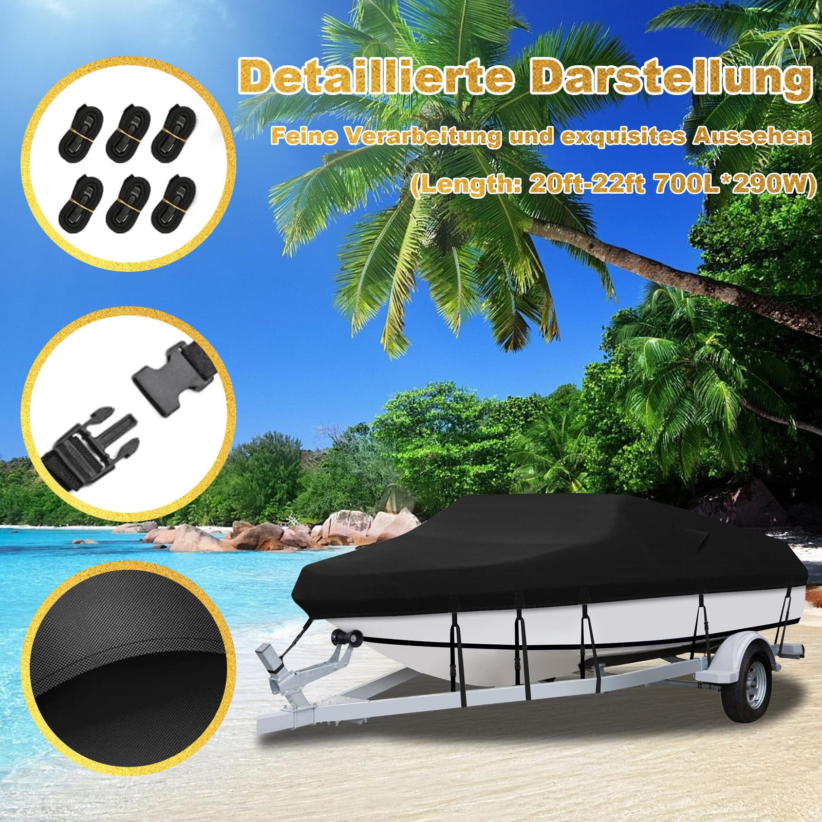 Copertura per Barca Telo Copri Barca Tessuto Oxford 900D Resistente, Coperture per Barca Impermeabile, Antivento e Resistente ai Raggi UV per Scafo a V, Barca da Pesca - Black (20-22ft)
