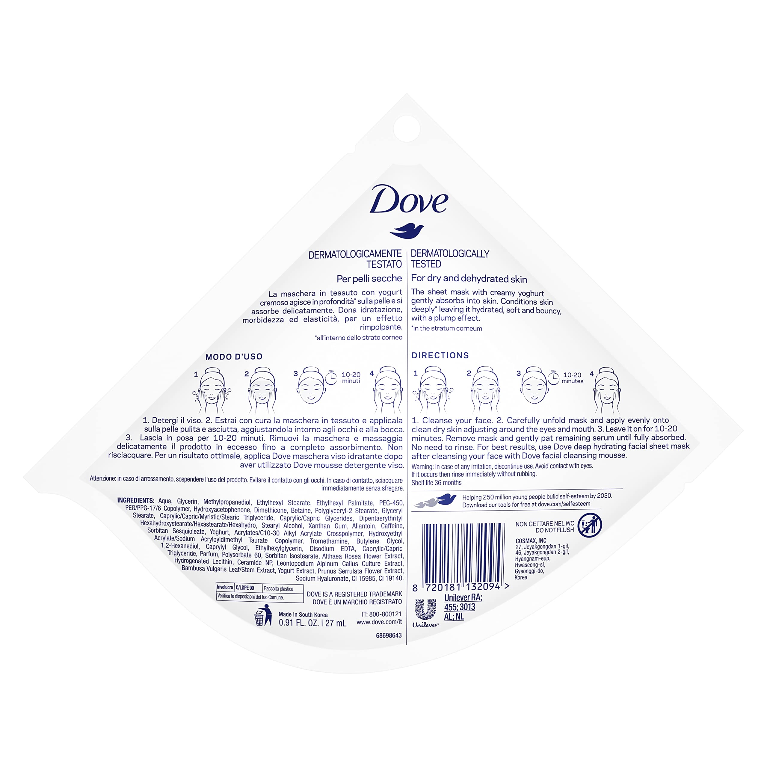 Dove Maska nawilżająca do twarzy do suchej skóry, 27 ml, 24 szt