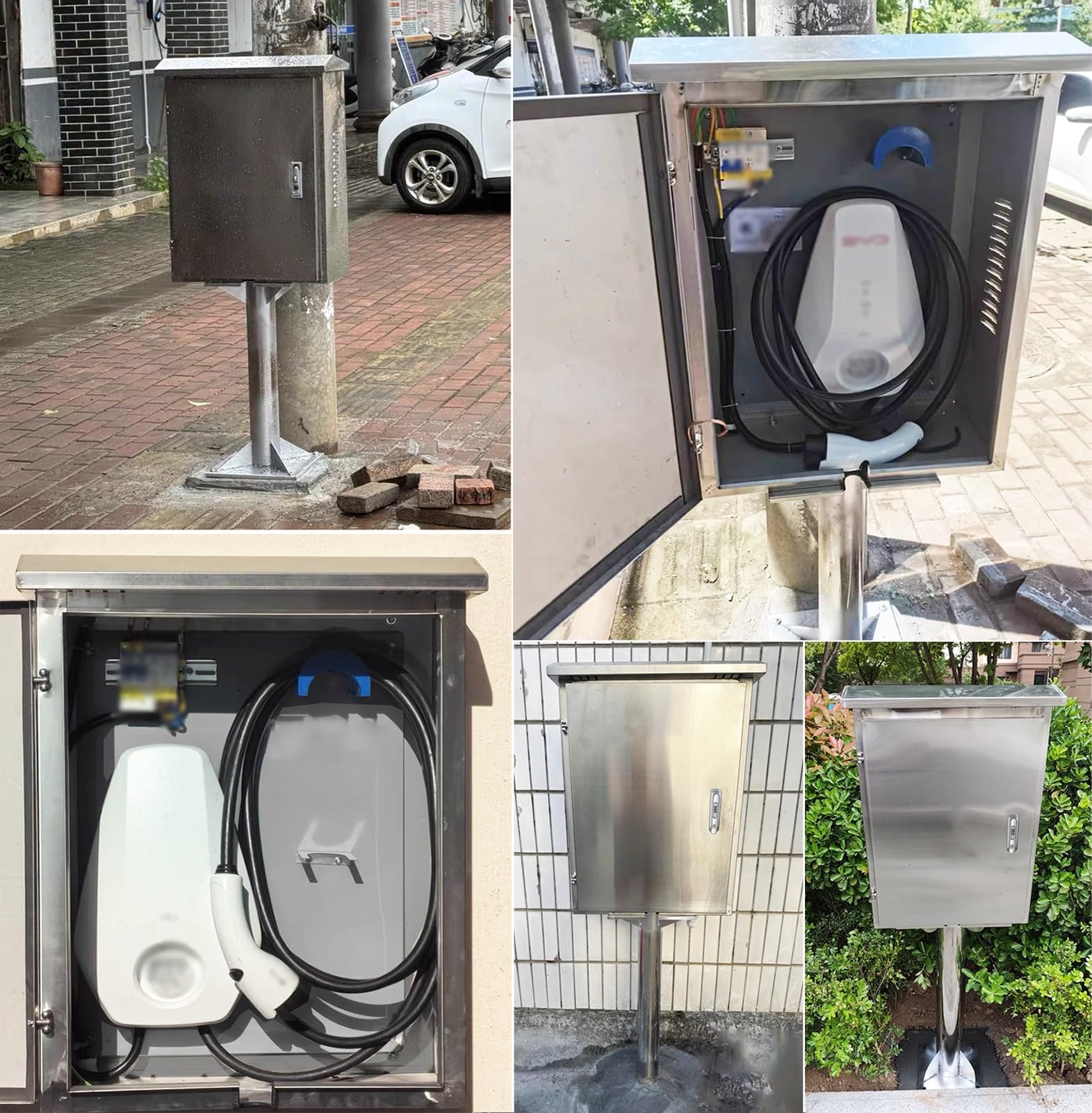 Pedestal de carga para vehículos eléctricos con gancho para cable, color plata, caja protectora para carga de coches eléctricos, cerrojo para estación de carga de vehículos eléctricos para uso en in