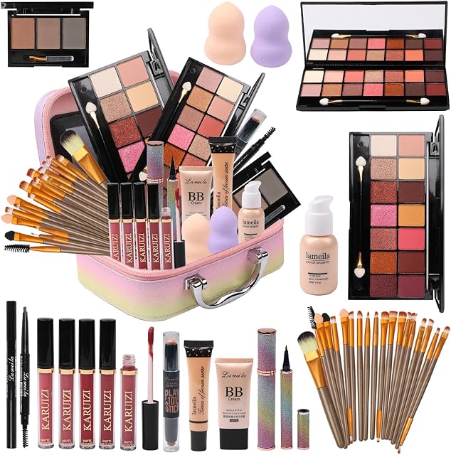 KARUIZI All in One Makeup Kit for Makeup storage bag 2X14 Colors Eyeshadow Palette Liquid Foundation Eyeliner Pencils Contouring Stick Lip Gloss Eyebrow Pencils 20Pcs Makeup Brushes etc For Women Girls Teens