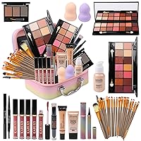 Vista 10 de conjuntos de maquillaje para mujeres, kit de maquillaje profesional con paleta de sombras de ojos, juego de brochas, base, brillo de labios, bolsa