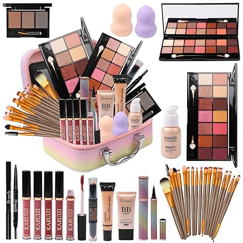 Miniatura 10 de conjuntos de maquillaje para mujeres, kit de maquillaje profesional con paleta de sombras de ojos, juego de brochas, base, brillo de labios, bolsa