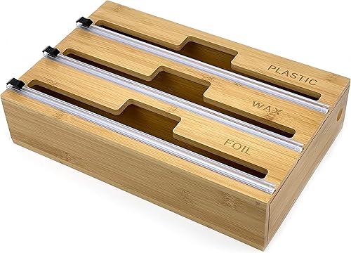 Dispensador de papel de bambú 3 en 1 con cortador y etiquetas papel de aluminio película adhesiva y soporte de papel pergamino para rollo de 12