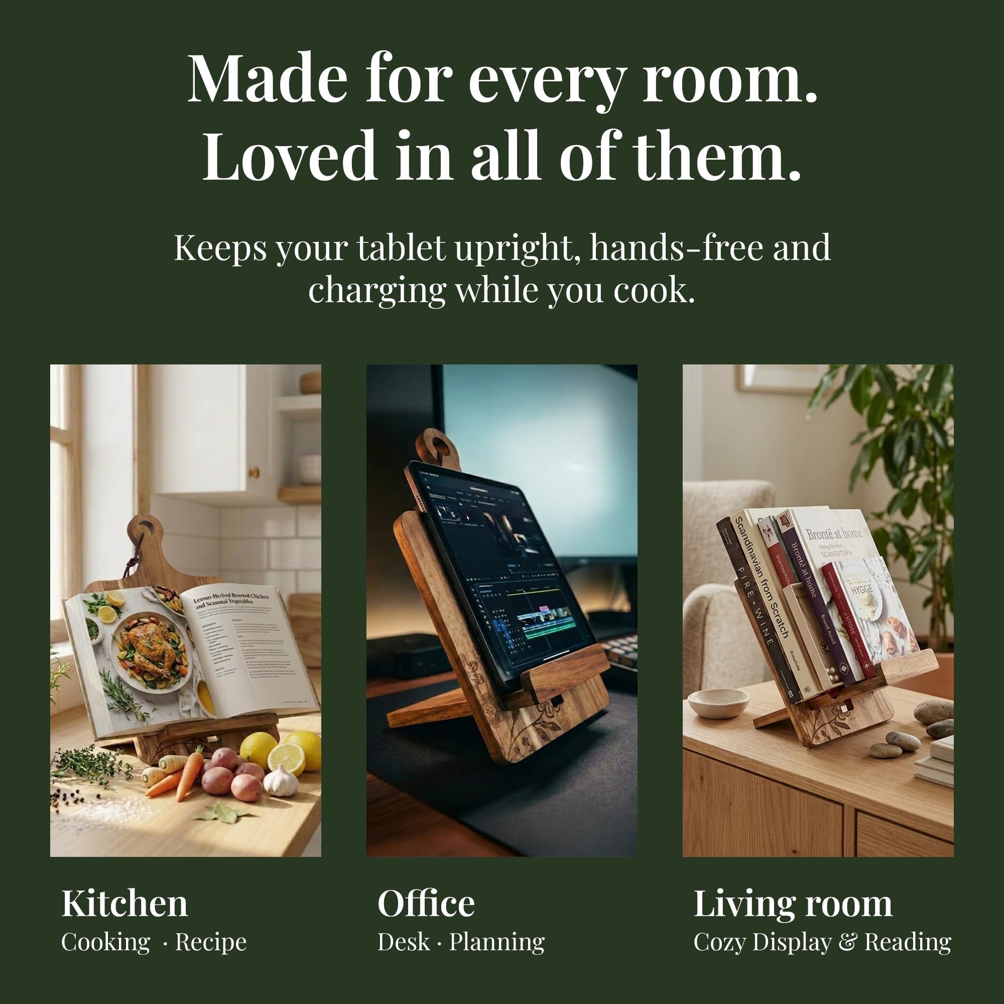 Soporte de madera para libros de cocina para mostrador de cocina, regalo del día de la madre para mamá, soporte reversible para libros de recetas de acacia, tarjeta de conversión de medición