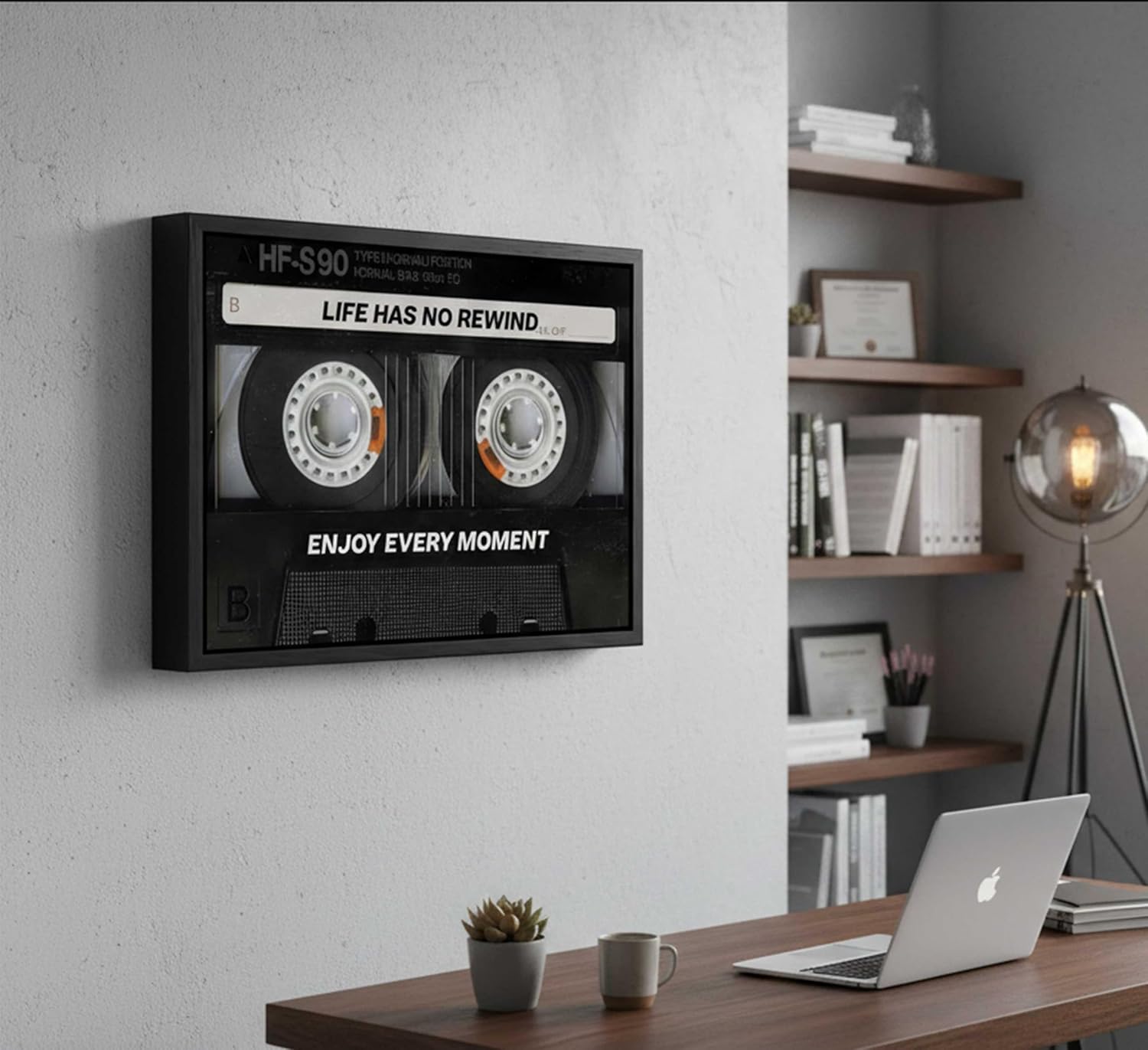 Framed Vintage Inspirational Cassett Tape Canvas Wall Art Inspiring Office Quotes Life Has No Rewind Retro Motivational Music Painting Picture Wall Decor Poster Print Artwork for Study Living Room