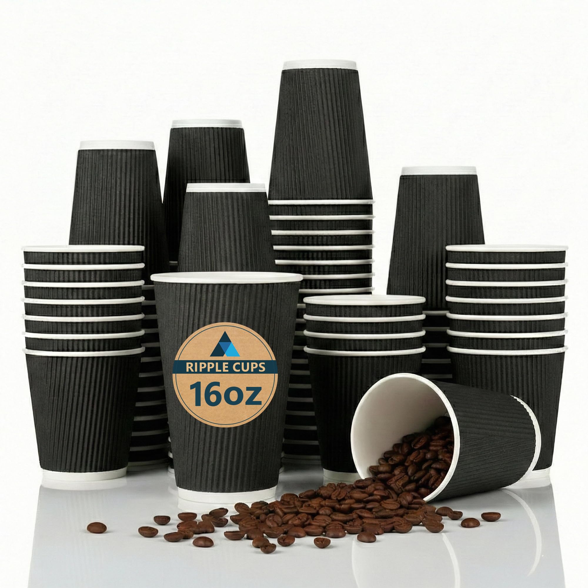 Nationwide Paper Coffee Cups 16oz (475ml) Black Ripple Triple-Wall Insulated Disposable Cups for Hot Drinks, Takeaway Coffee, Tea and Espresso, Cafe, Catering, Office and Events (Pack of 100)