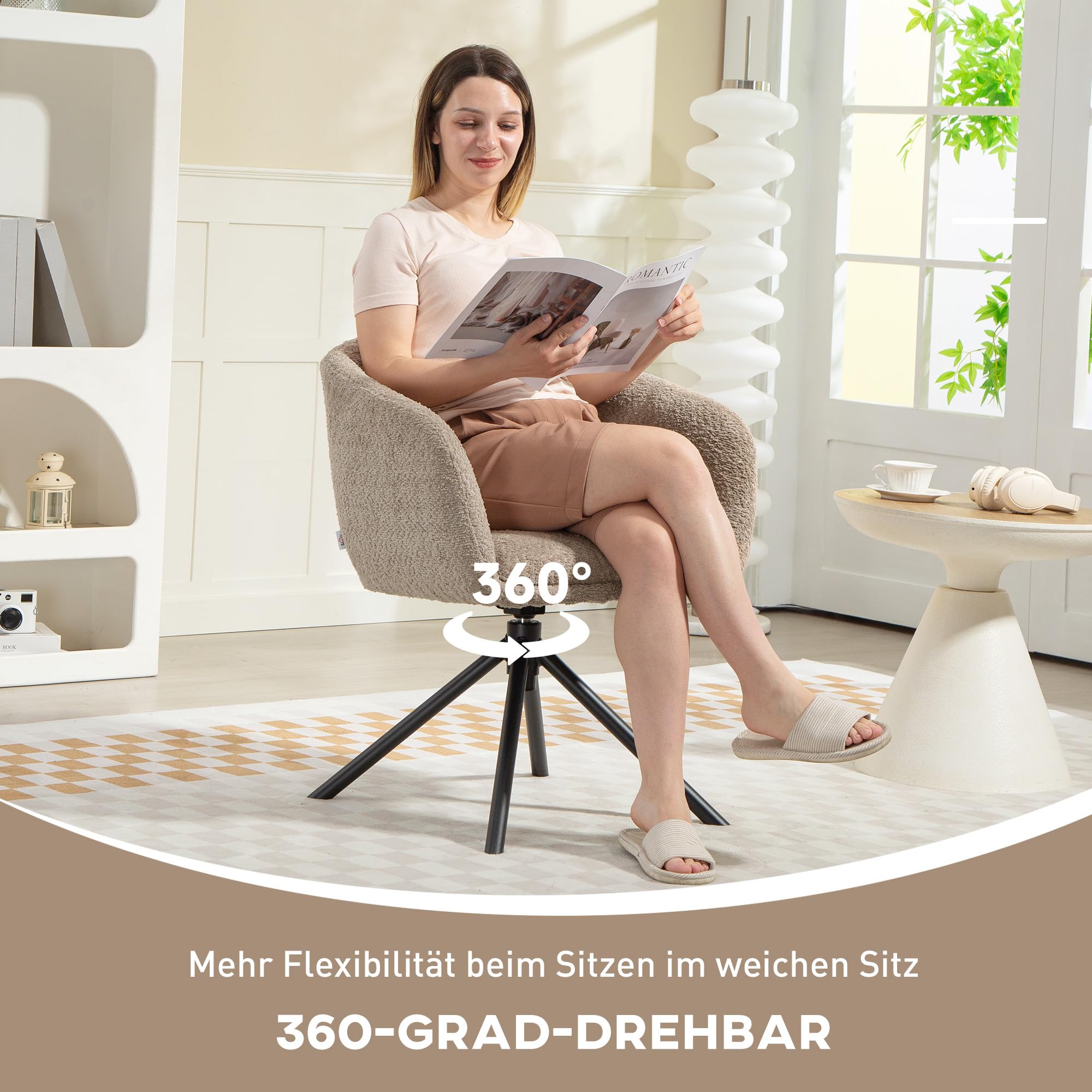 HOMCOM Sessel Wohnzimmer drehbar Loungesessel Relaxsessel mit Metallbeine Lesesessel mit Leinenoptik, Polstersessel für Schlafzimmer Hellbraun
