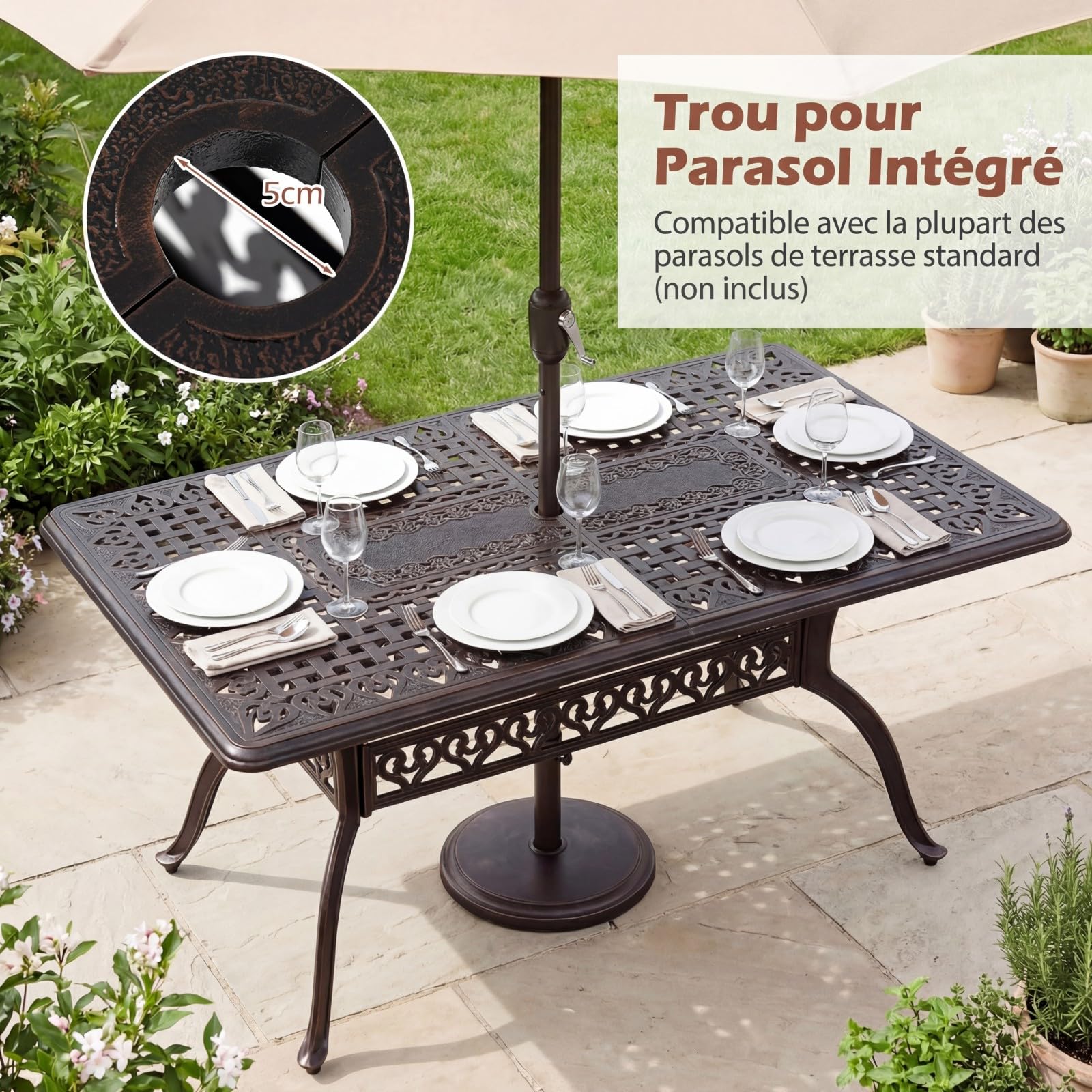 COSTWAY Table de Jardin en Fonte Aluminium, 150 x 90 x 73 CM