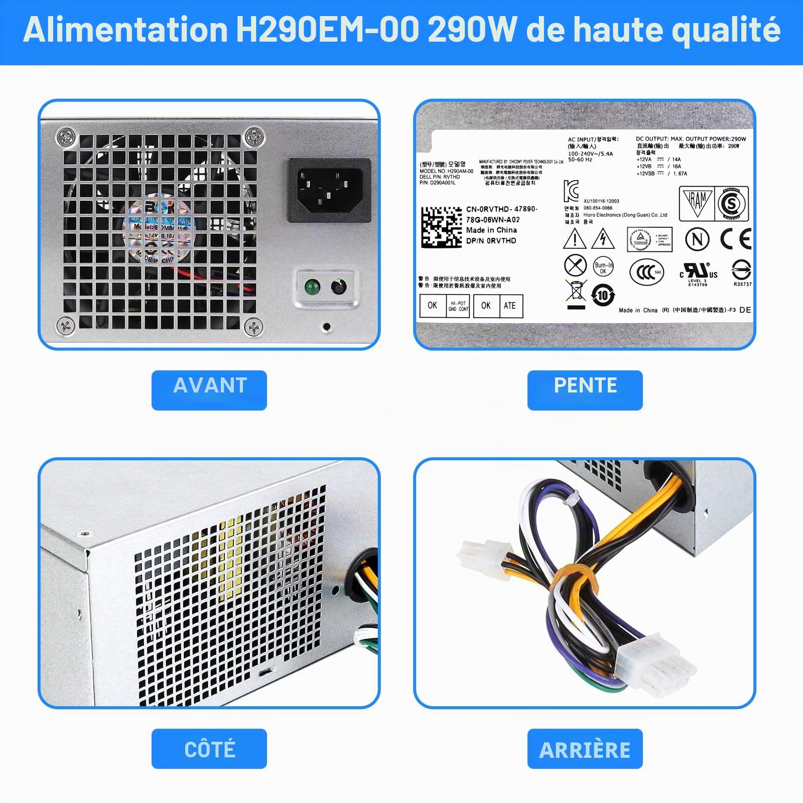 S-Union H290AM-00 Bloc d'alimentation 290 W Compatible avec Dell Optiplex 3020 7020 9020/Precision T1700/PowerEdge T20 (MT Mini Tower) RVTHD KPRG9 HYV3H D290A001L L290AM-00 PS-3291-1DF H290EM-00
