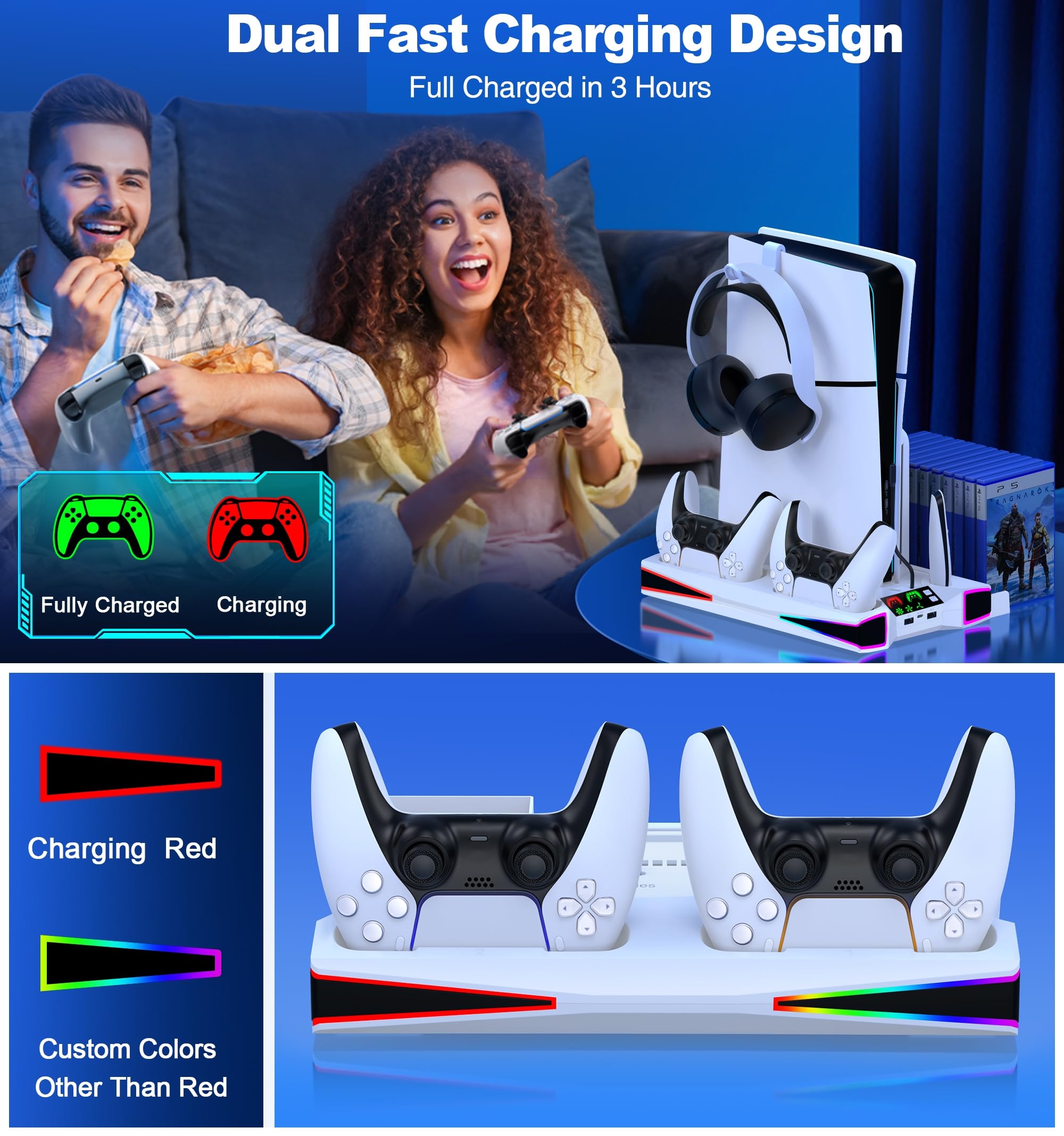 Kawaye Stacja chłodząca PS5 Stand PS5 do konsoli PlayStation 5/Pro/Slim, akcesoria PS5, pionowy stojak z wentylatorem chłodzącym 6.0 cm, światło RGB, podwójna ładowarka kontrolera, uchwyt zestawu
