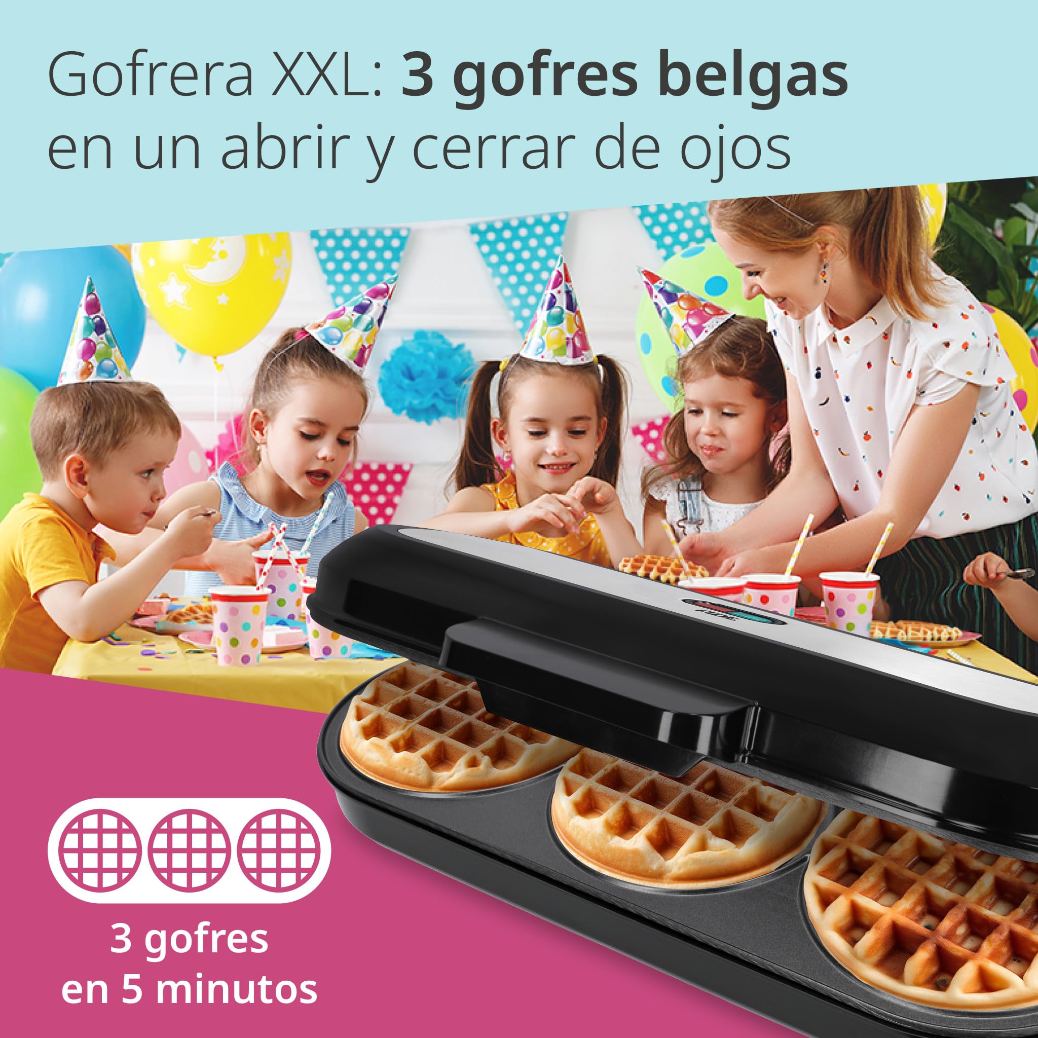 ADE Gofrera XL para 3 gofres redondos al mismo tiempo | 1.200 vatios | waffle maker con revestimiento antiadherente | perfecta para fiestas de cumpleaños infantiles