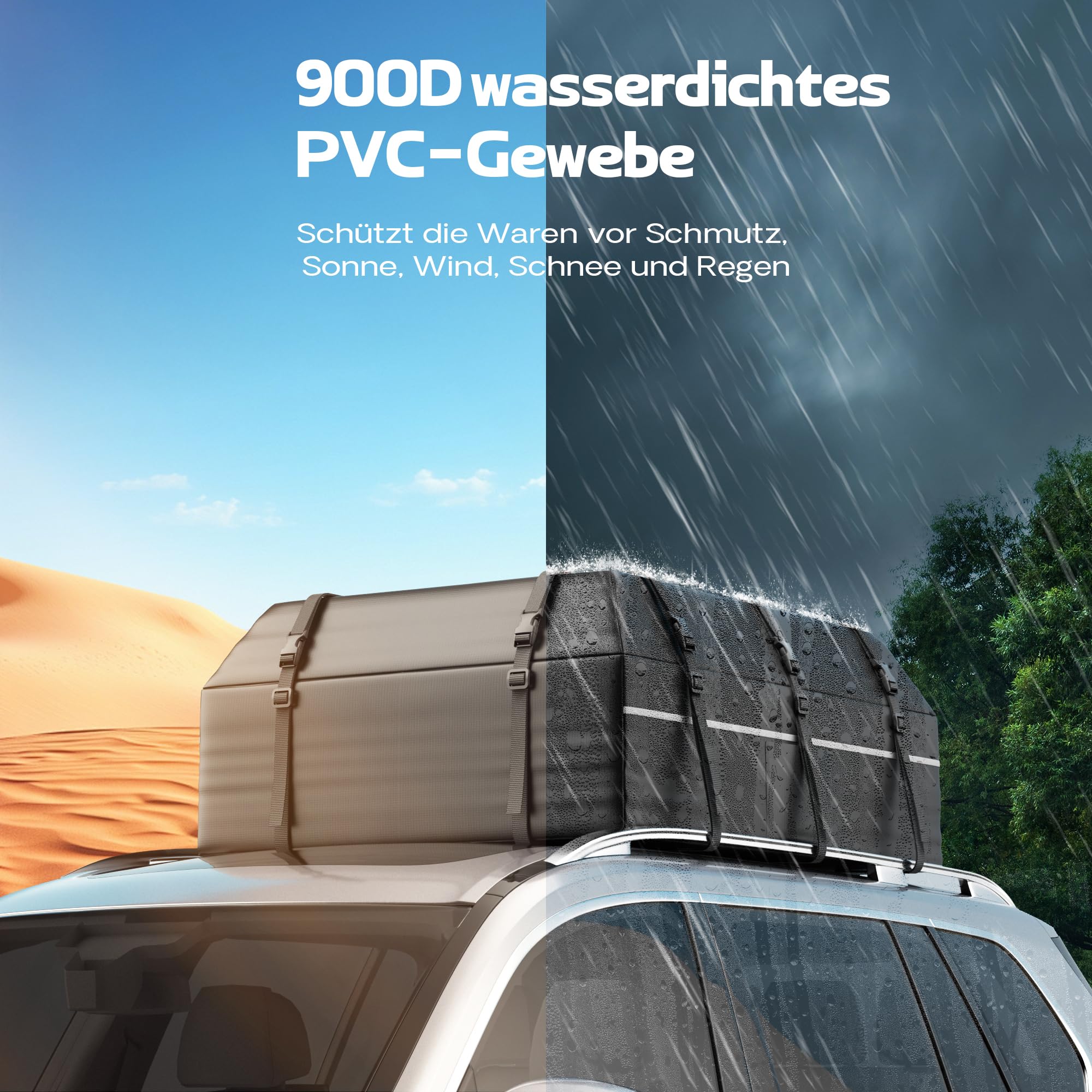 Dachtasche Auto, 21CFT wasserdichte PVC-Dachbox, Passend Für Alle Fahrzeuge Mit Oder Ohne Dachgepäckträger,Inklusive Rutschfester Unterlage, Verstärkten Gurten, 6 Türhaken und Gepäckschloss.