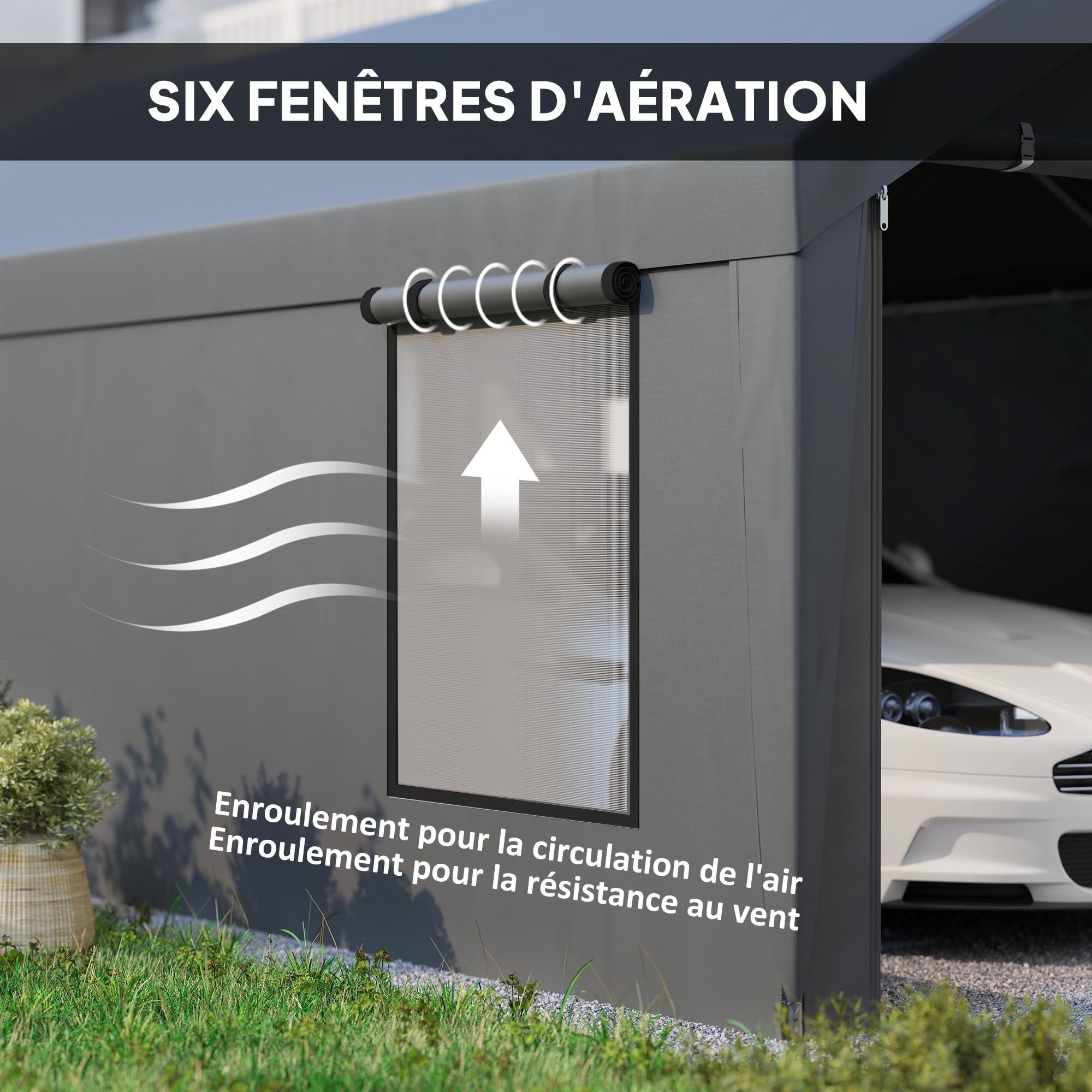 Outsunny Carport Tente de Garage 3 x 6 m abri Voiture extérieur Tente de Stockage avec parois latérales Amovibles, 2 Portes enroulables et 4 fenêtres, pour Camion, Bateau, Gris foncé