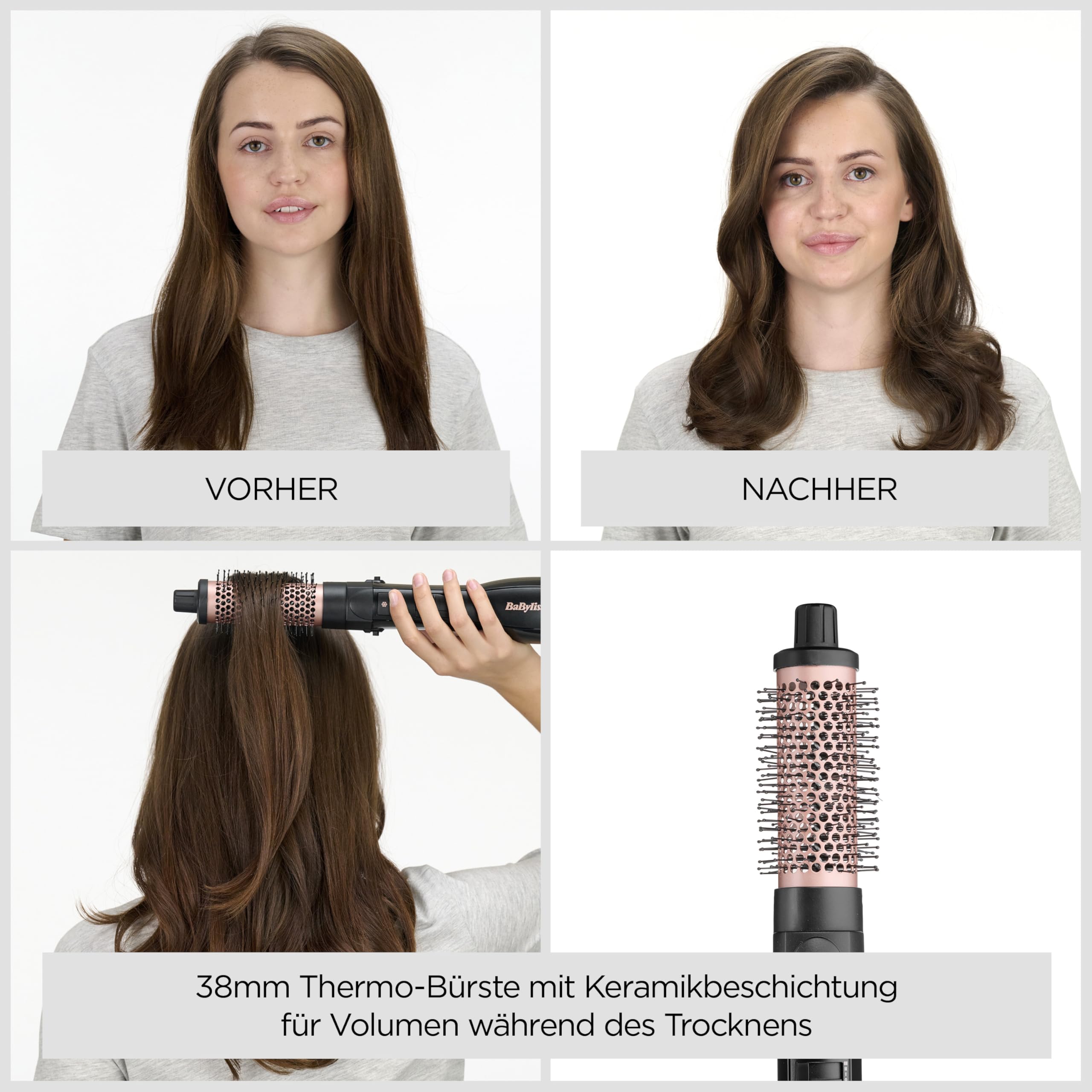 BaByliss Smooth Finish 1200 – 4‑in‑1 Warmluftbürste zum Trocknen, Formen, Glätten & Volumenstyling, Ionen‑ & Keramiktechnologie, 4 Aufsätze, 1200W, Schwarz/Pink, AS122E
