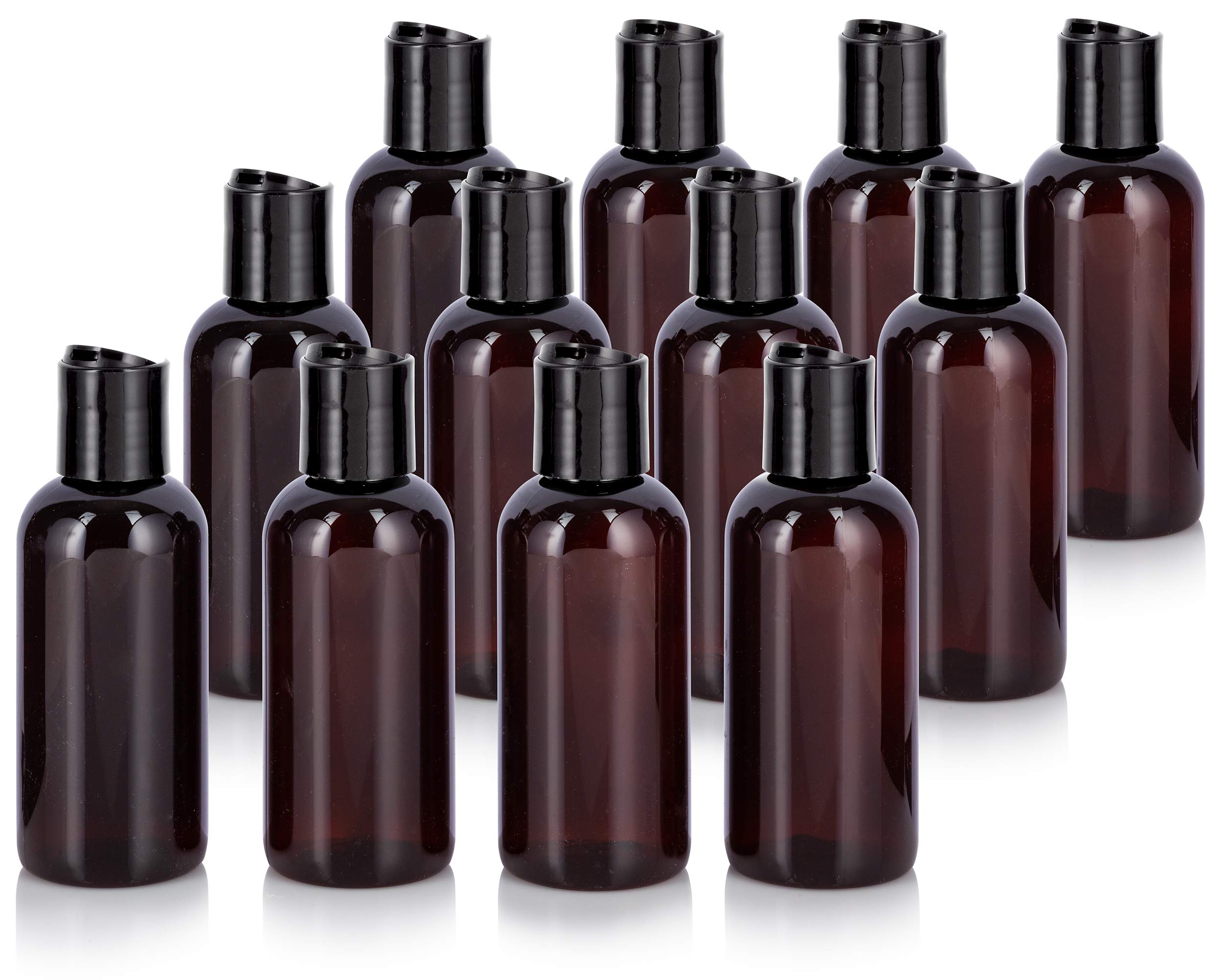 JUVITUS (12 pack) 4 oz Amber Boston Round PET Plastic Bottles with Black Disc Cap