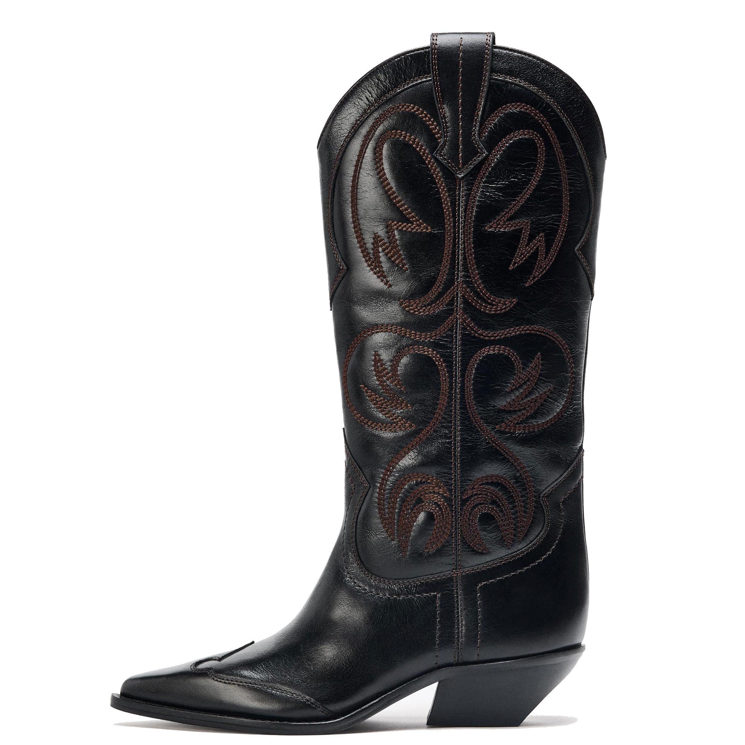 Cowgirl Boots Women - Mid Calf Western Cowboy Boots with Pointed Toe Low Heel Stylish Elegant Retro Riding