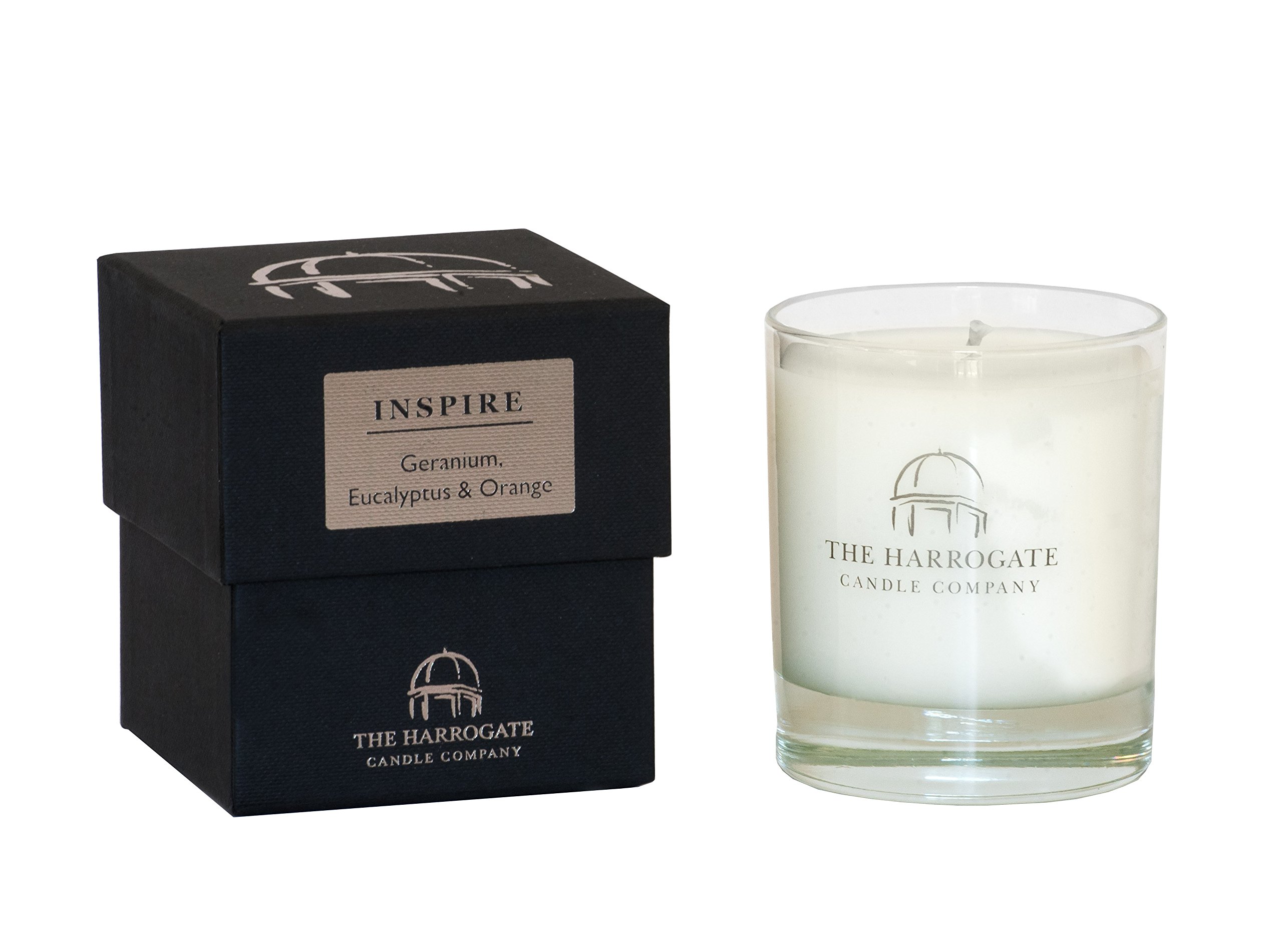 The Harrogate Candle Company White Dome Of Harrogate Inspire Candle | Geranium, Eucalyptus & Orange Essential Oils – Relaxing Stress Relief & Mood Boosting Scent – Natural Vegan Handmade Spa Candle For Home 30Cl | 40 Hours Burn Time.
