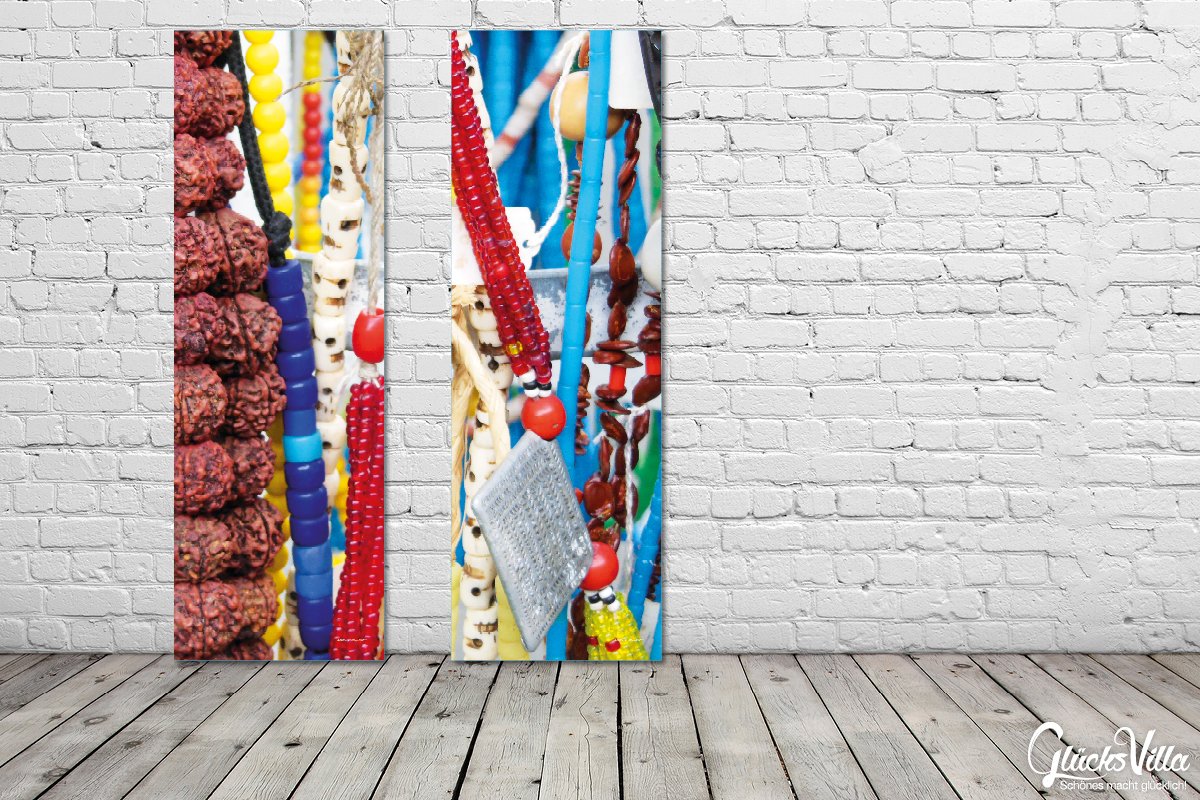 Glücksvilla - Ketten 4 (Leinwand-Bild 5 cm, 60 x 20 cm) | div. Maße - aus DE - Kunstdruck XXL Deko Wandbild quer - Schmuck Kunst Afrika Perlen bunt Silber Trödel