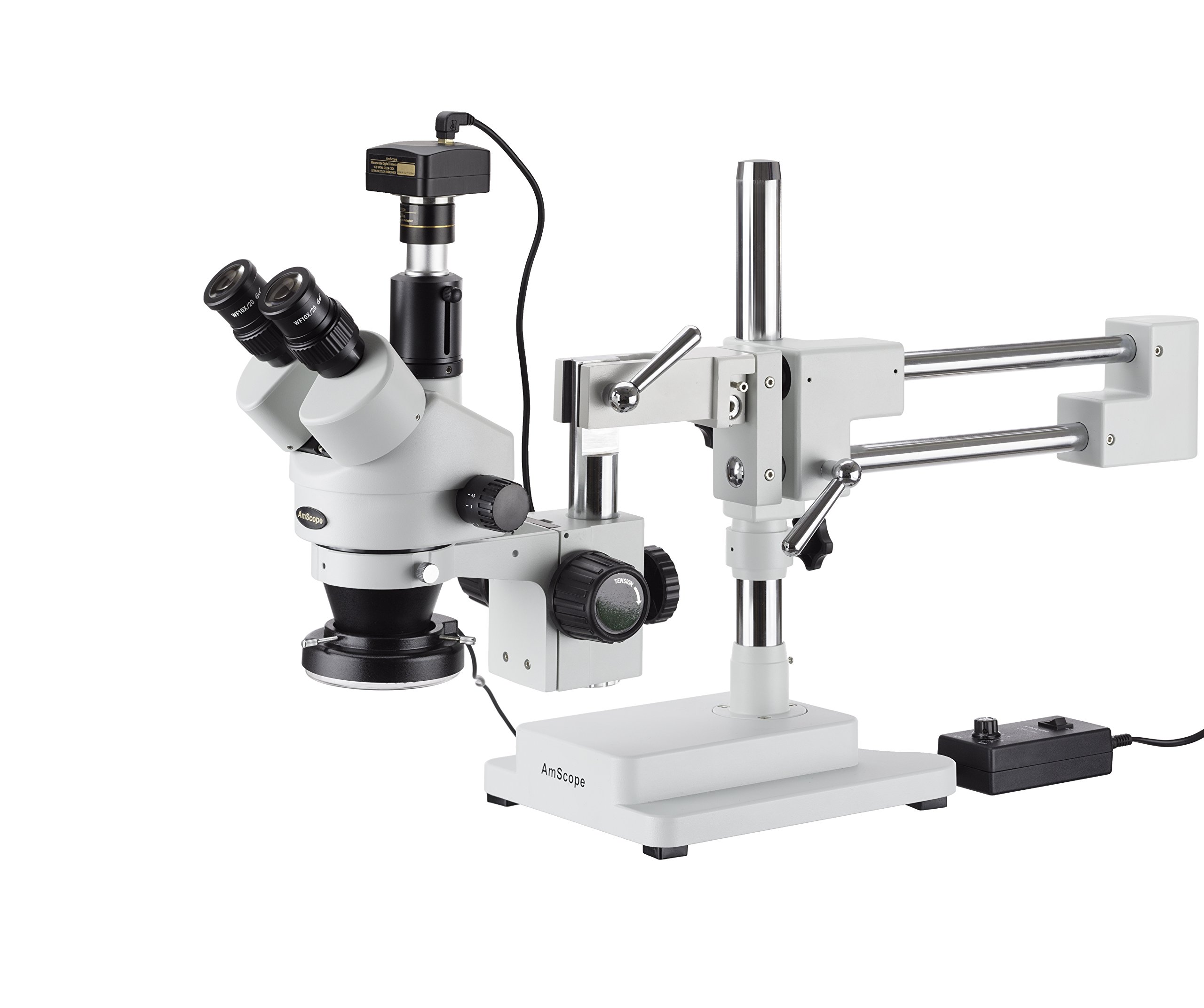 AmScope 7 x -45 X simul-focal estéreo Zoom microscopio en doble brazo Boom soporte con 144-LED – Anillo de luz y cámara de 1,3 MP