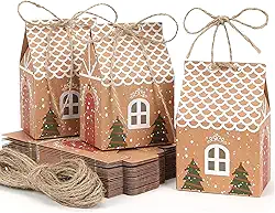 Pacote com 10 caixas de presente para casa de pão de gengibre, caixas de presente de papel kraft marrom com barbante para lembrancinhas de festa, sacos de doces de biscoito, decorações de Natal e
