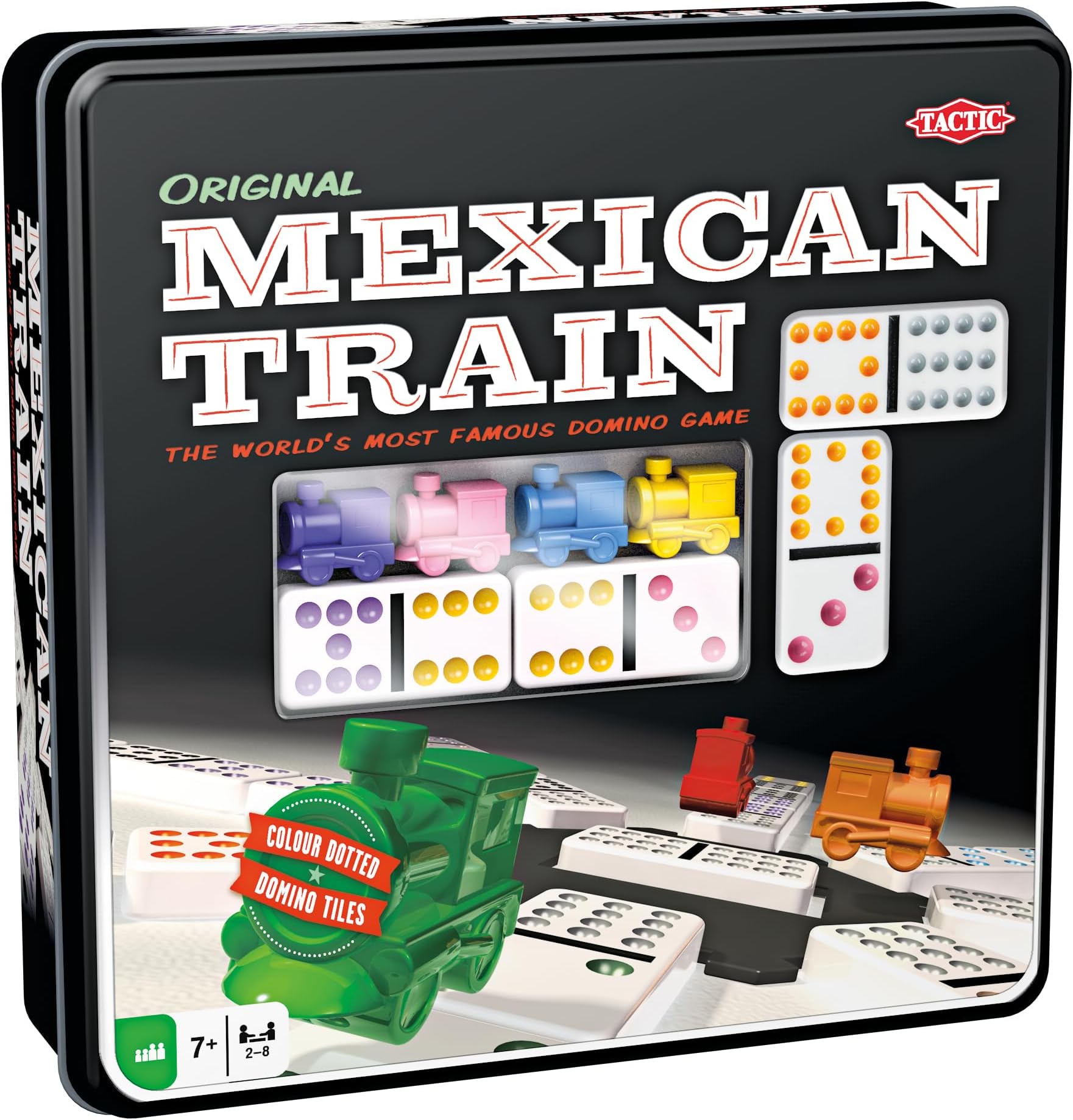 Tactic Mexican Train Domino Game for Kids, Adults, 2-8 Players - Portable, Compact Colored Domino Train Game in a Tin Box - Perfect for Fun Nights, Get Togethers