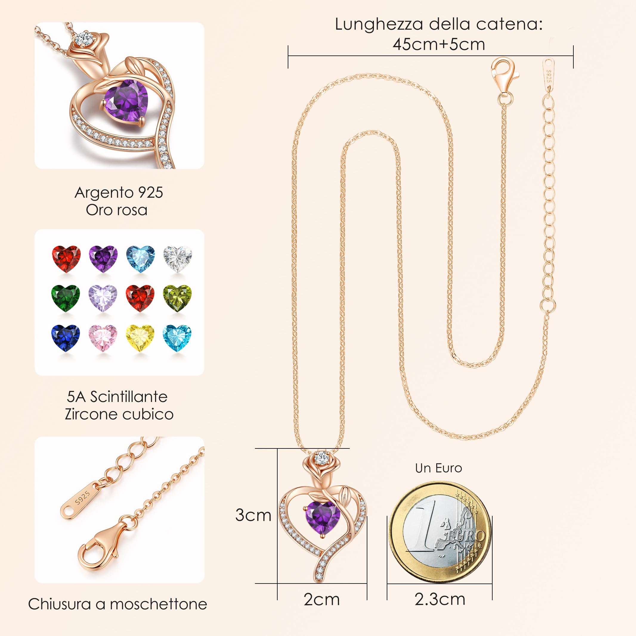 CDE Collana Donna Collana Cuore in Oro Rosa Gioielli Donna, 925 Sterling Silver Collana Pendente Anniversario Compleanno San Valentino Regalo di Natale per donne Moglie Mamma Fidanzata