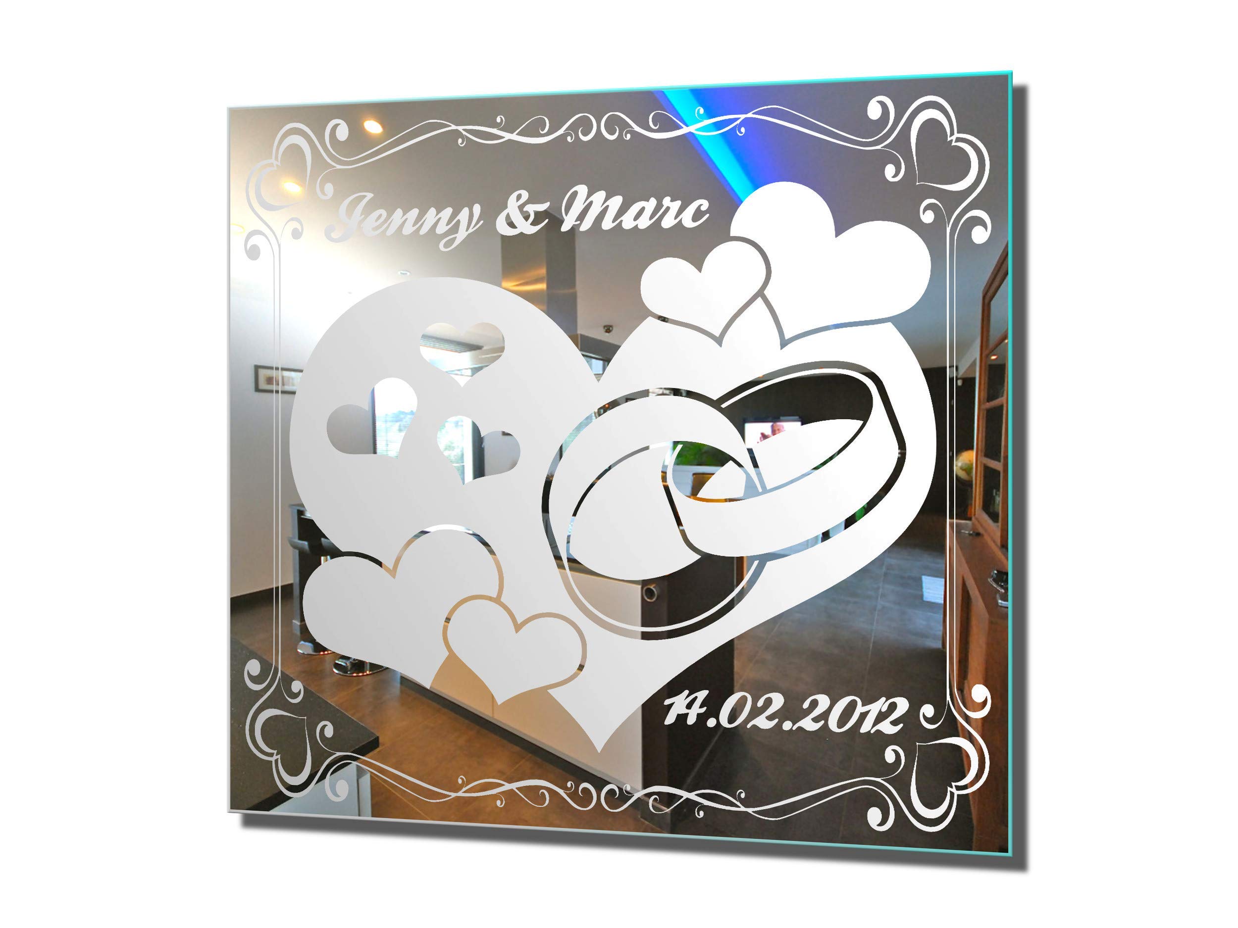 Spiegel mit Gravur Hochzeit 2 ★ Wandbild ★ Hochzeitstag ★ Ehe ★ Hochzeitsgeschenk ★ personalisiert