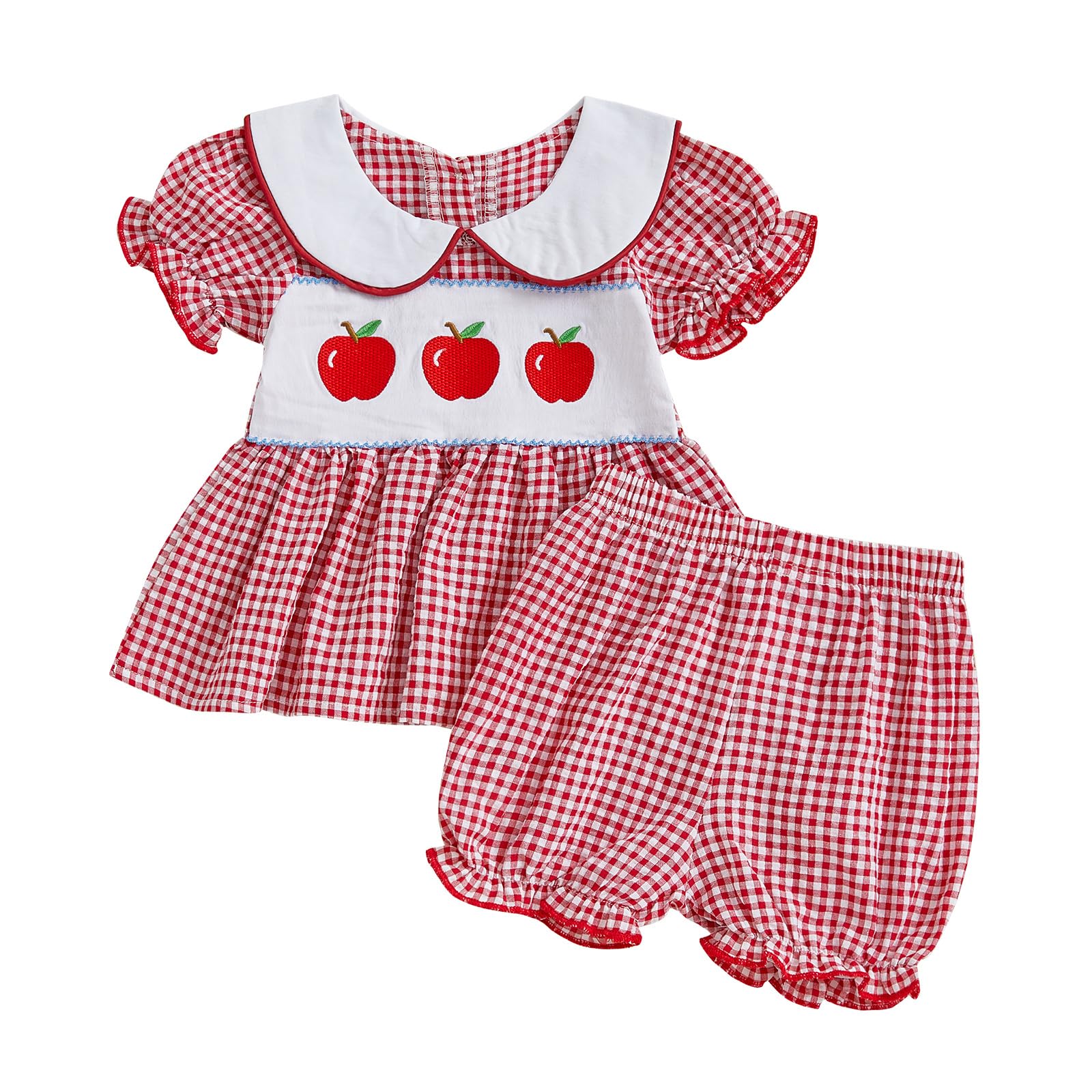 Toddler Girl Back to School Clothes Apple Plaid Doll Collar Puff Sleeve Tops Ruffled Shorts Set Infant Summer Outfit (Red, 2-3T)